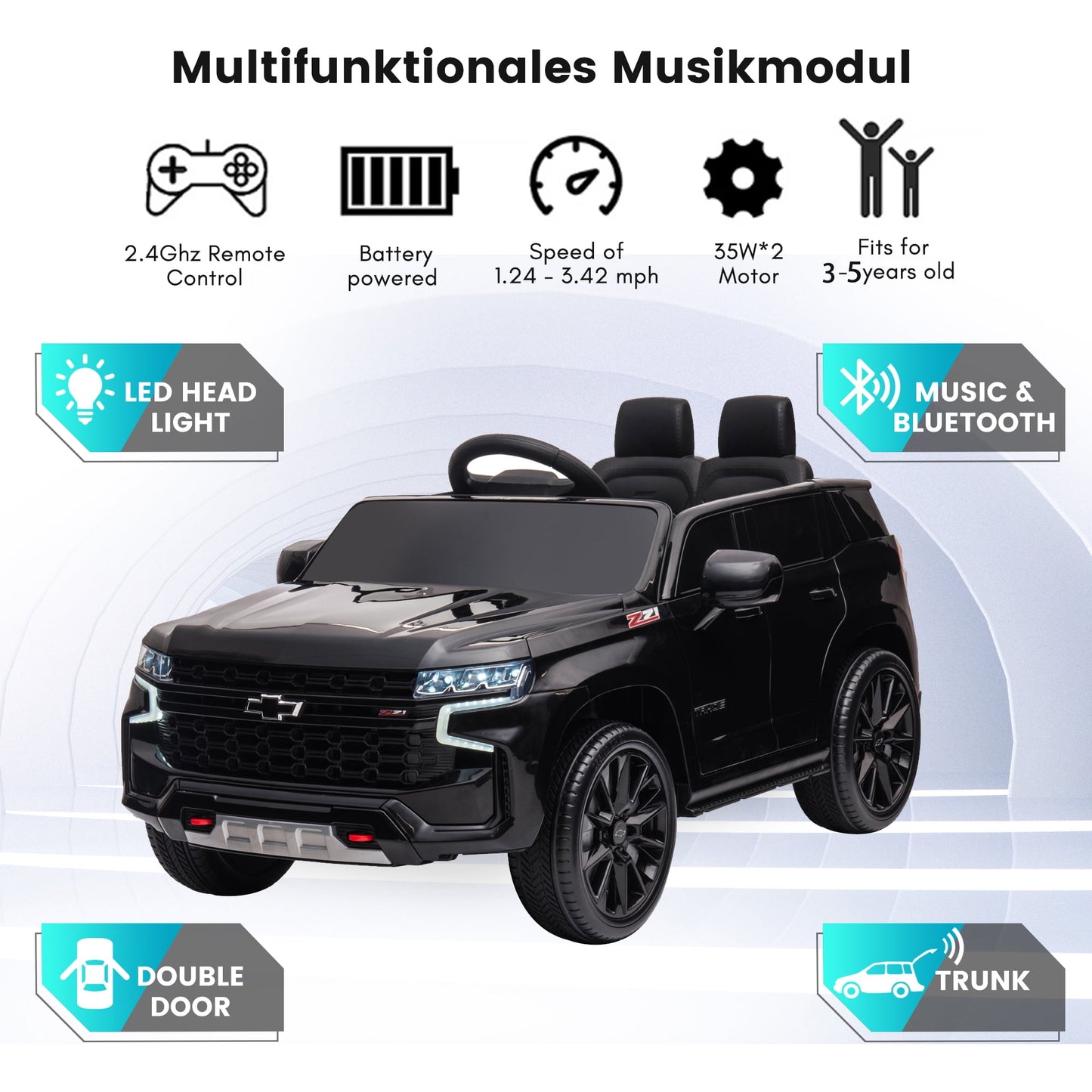 Kids Ride on Car, 12V Powered Ride on Toy with Remote Control, 4 Wheels Suspension, Safety Belt, MP3 Player, LED Lights, Electric Vehicles for 3-5 Years Boys Girls, Black
