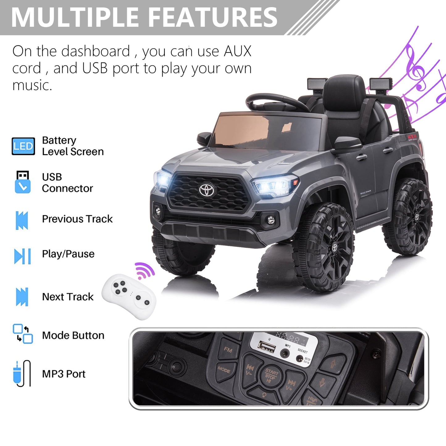 Licensed Toyota Tacoma Electric Ride on Vehicle for Kids, 12V Powered Ride on Car Toys with Remote Control, LED Lights, MP3 Player, Green