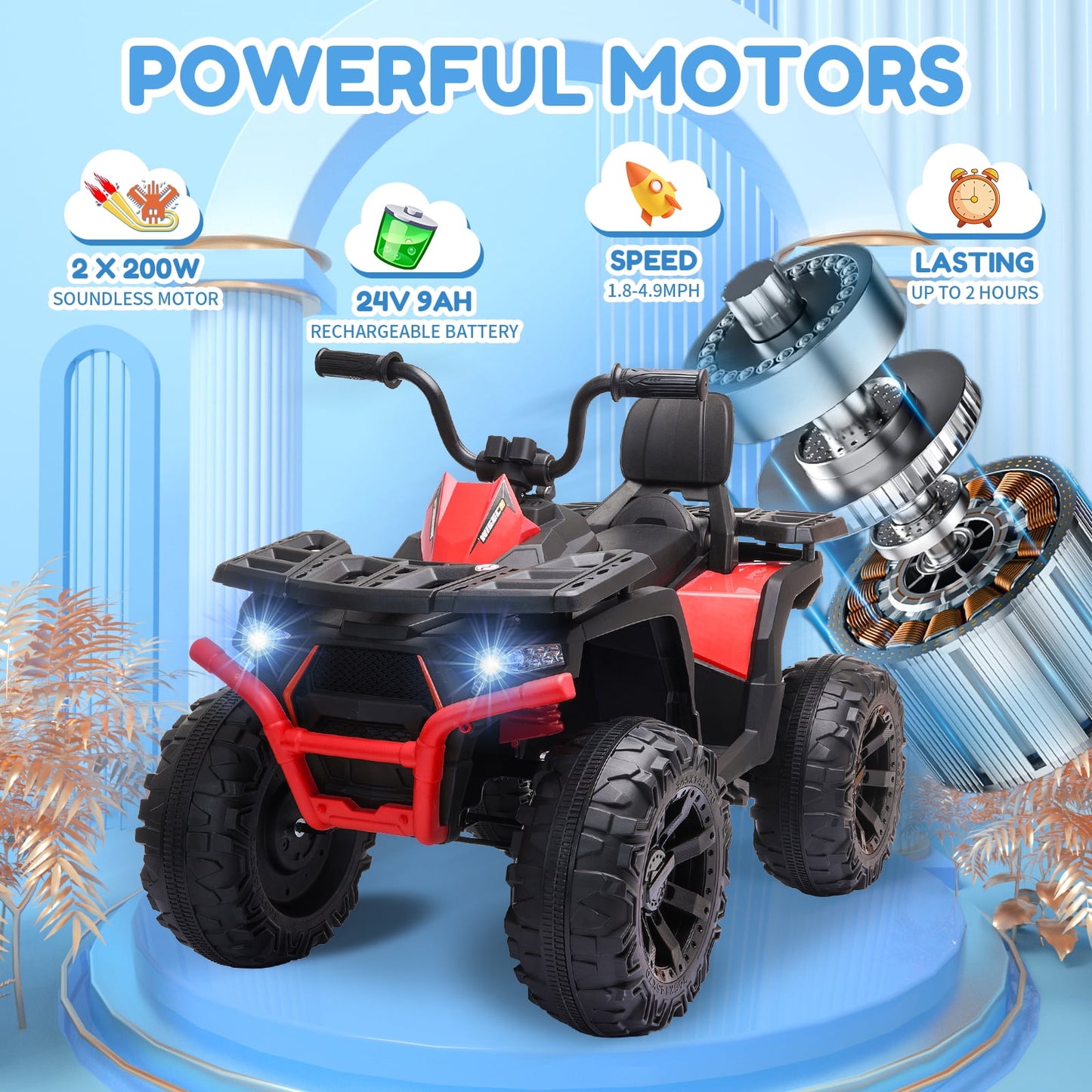 Joyracer 24V Kids Ride on ATV with 2 Seater, 2* 200W Motor 9AH Battery Powered Electric Car w/ LED Lights, High & Low Speed, Music, Suspension, 24 Volt Ride on Toy 4 Wheeler Quad for Boys Girls,Black