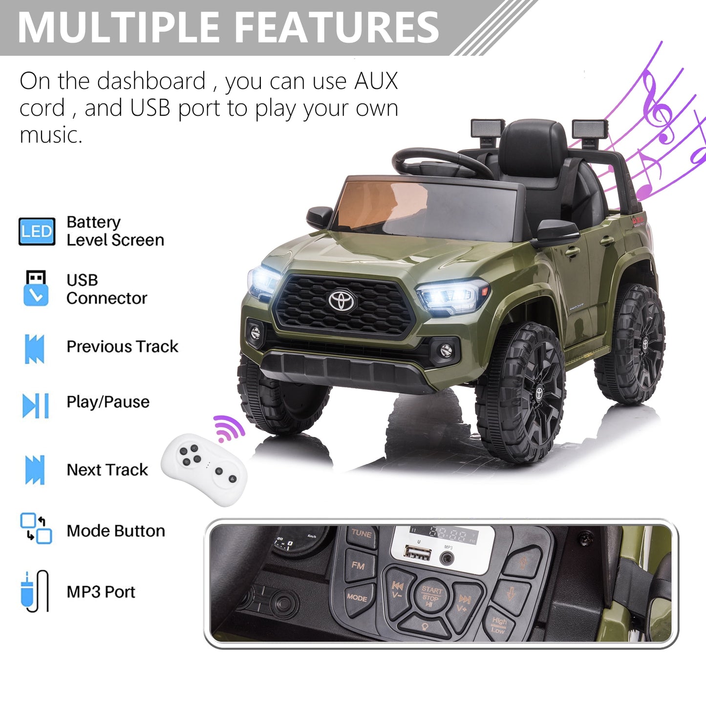 Licensed Toyota Tacoma Electric Ride on Vehicle for Kids, 12V Powered Ride on Car Toys with Remote Control, LED Lights, MP3 Player, Green