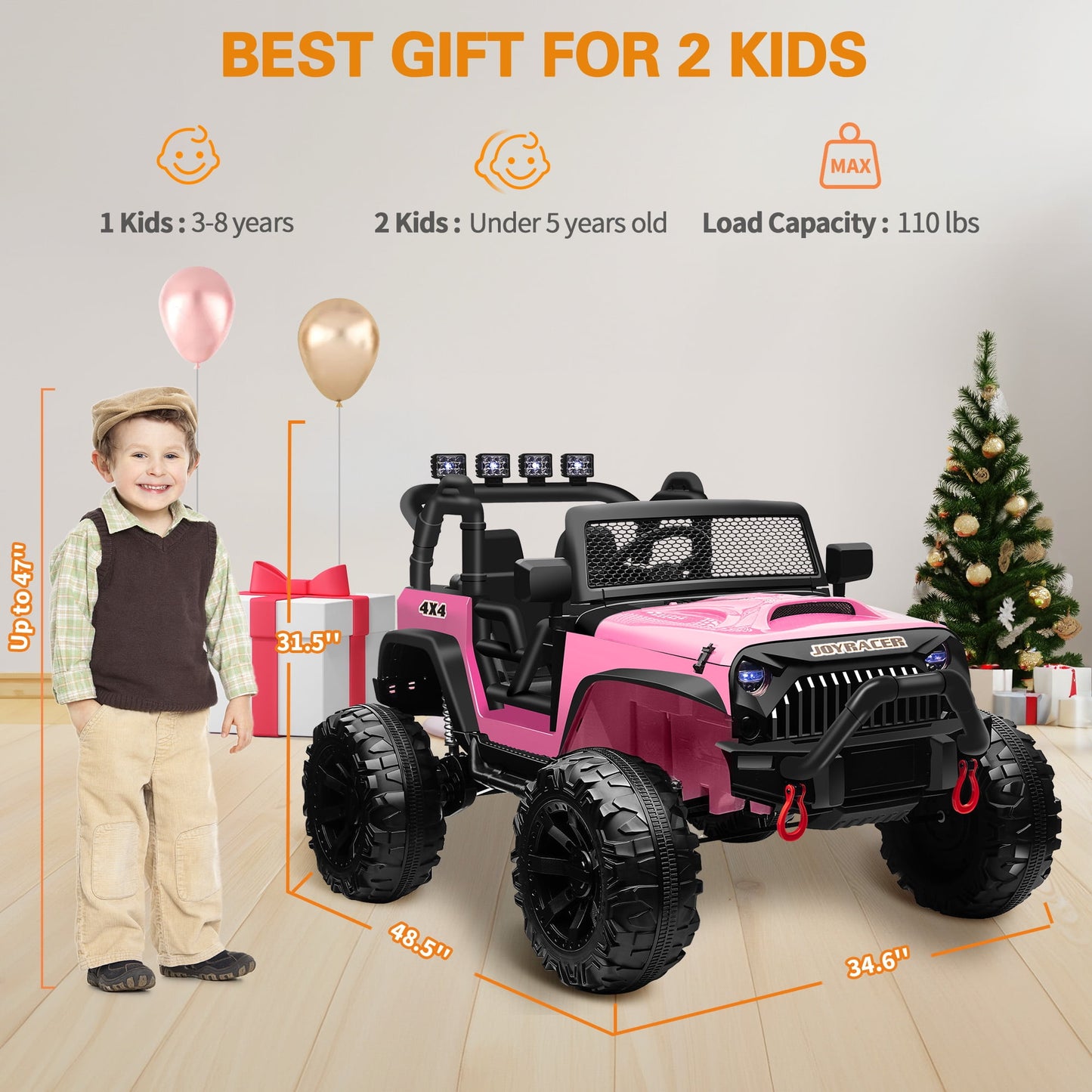 Joyracer 4x4 24V Kids Ride on Truck Car with Remote Control & 2 Seater,800W Motor, 9AH Battery Powered Ride on Toys w/ Spring Suspension,  3 Speeds,LED Lights, MP3/Bluetooth Music for Girl Boy, Pink