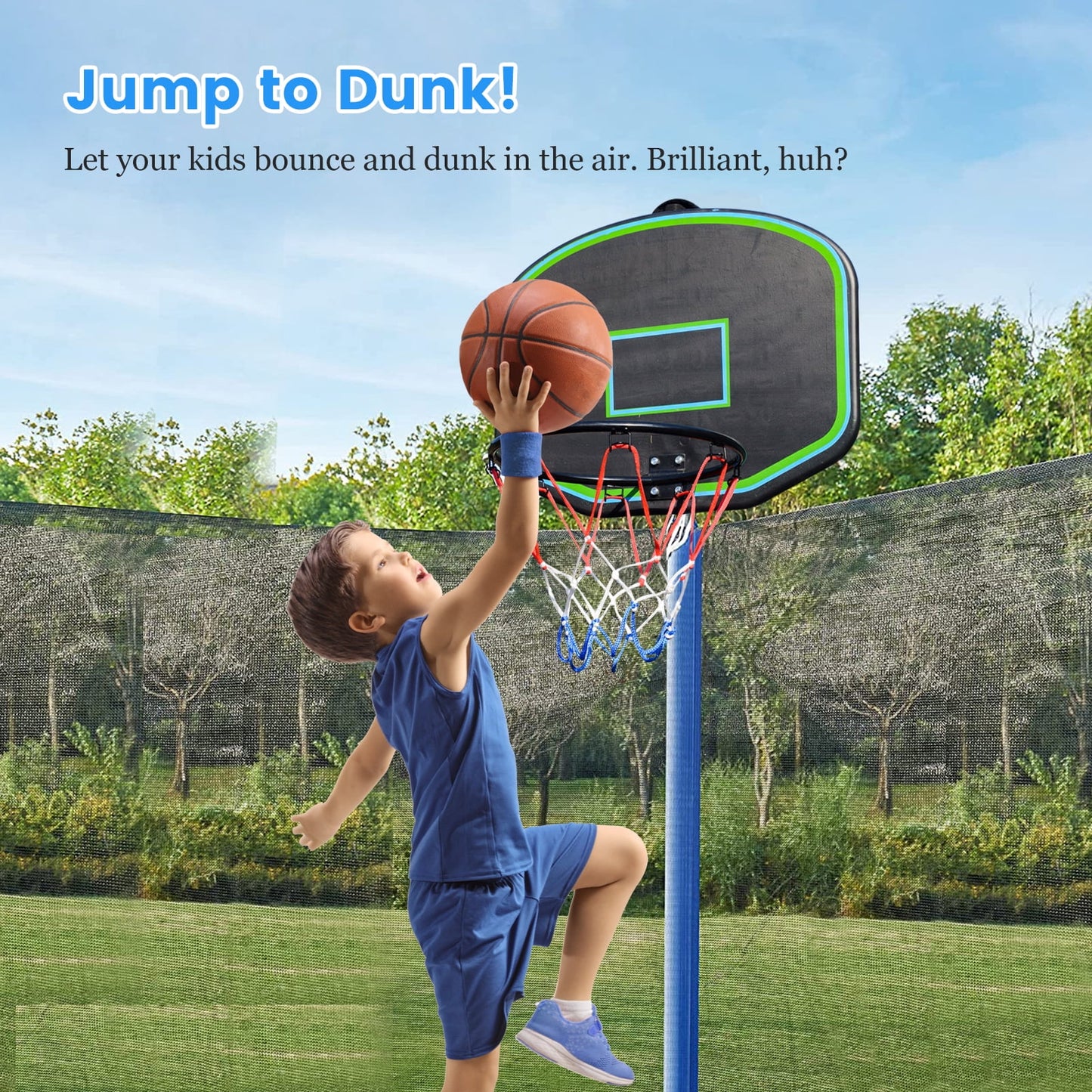 SEGMART 12FT Trampoline for Kids with Basketball Hoop and Enclosure Net/Ladder, Blue