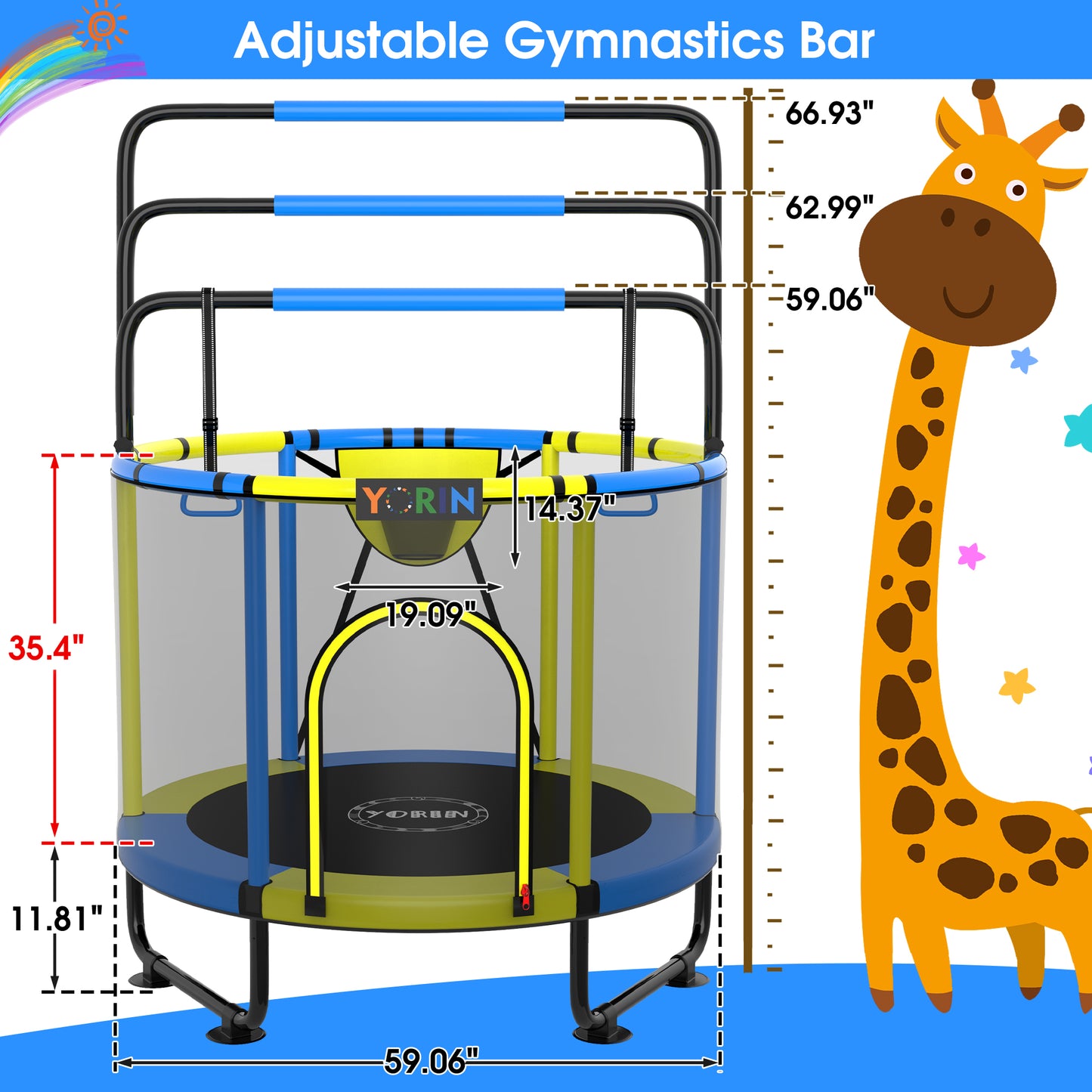 YORIN Trampoline for Kids, 60'' Toddler Mini Trampoline with Enclosure Net, Basketball Hoop, 5FT Indoor/Outdoor Kids Trampoline with Swing, Adjustable Gymnastics Bars, Gifts for Boys & Girls, 600LBS