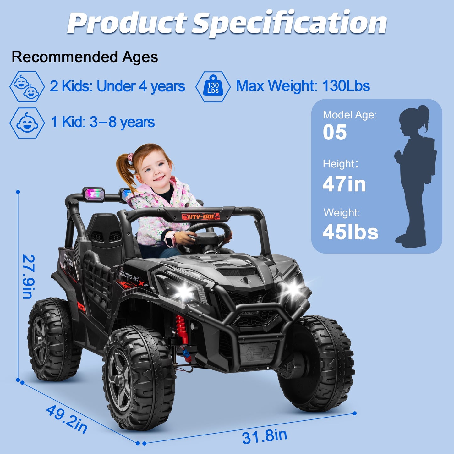 Joyracer 4WD 24V Ride on Toys Car w/ 2 XL Seater Remote Control, Electric Off-Road UTV w/ 4*200W Motor, Powered 4-Wheeler Toy, LED Lights, Spring Suspension, 3 Speeds, Bluetooth Music, Black