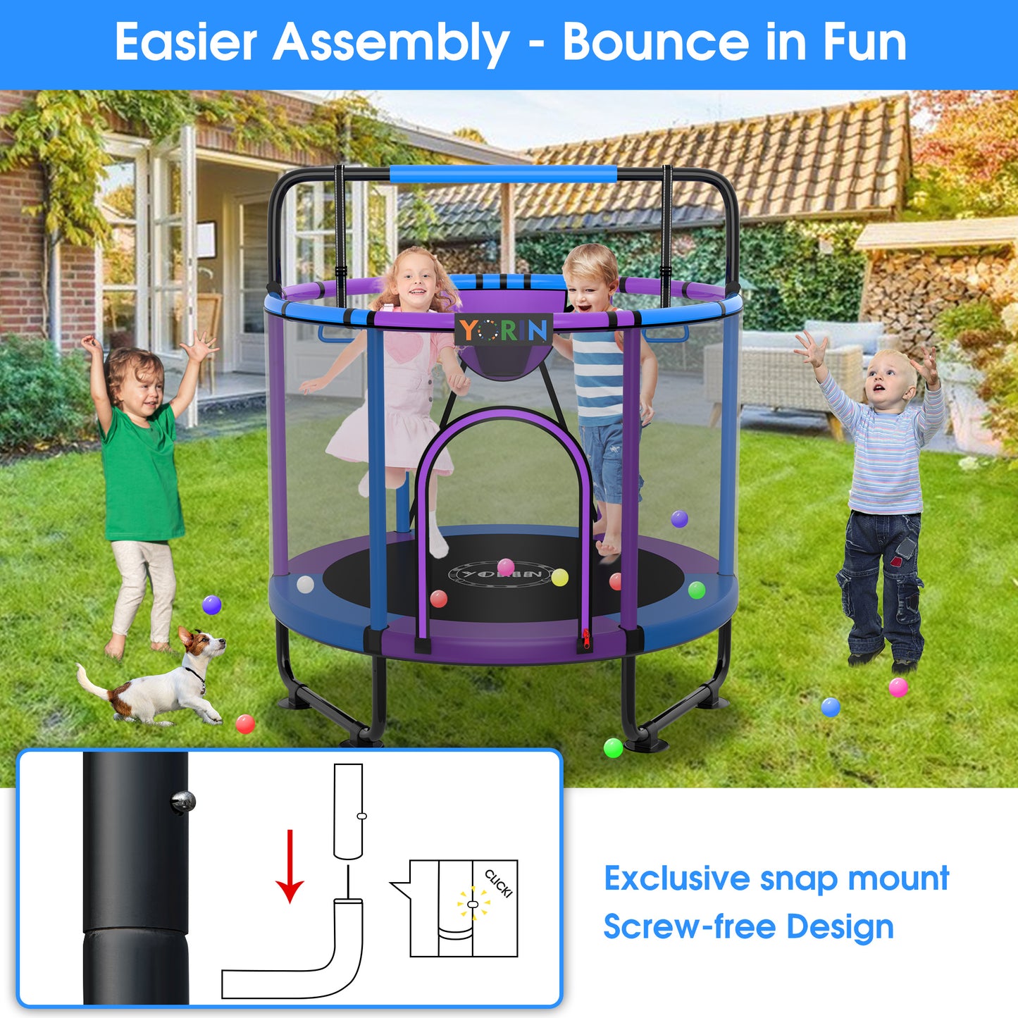 YORIN Trampoline for Kids, 60'' Toddler Mini Trampoline with Enclosure Net, Basketball Hoop, 5FT Indoor/Outdoor Kids Trampoline with Swing, Adjustable Gymnastics Bars, Gifts for Boys & Girls, 600LBS