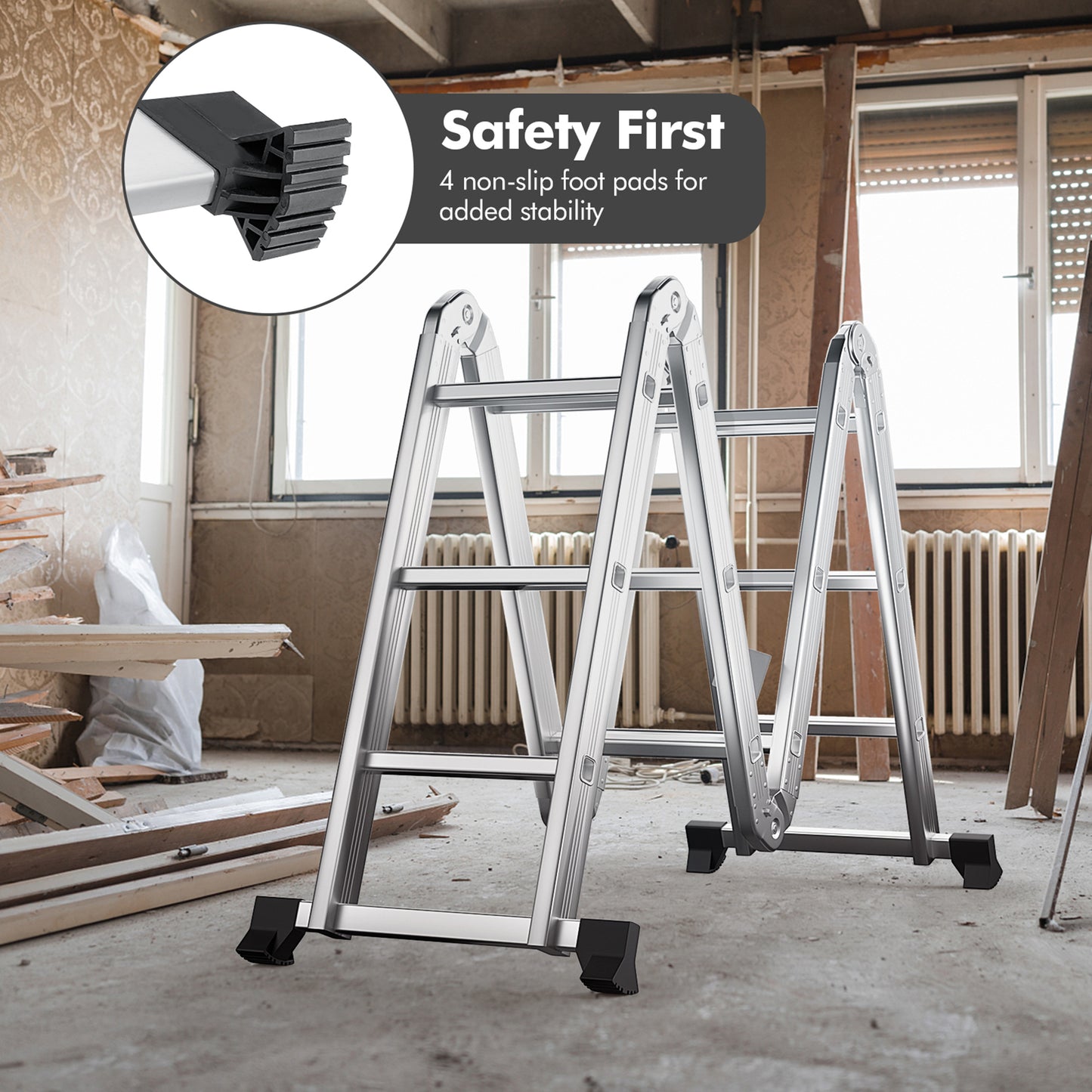 Gymax 12Ft Folding Step Ladder 7-in-1 Aluminium Alloy Extension Ladder 330 Lbs