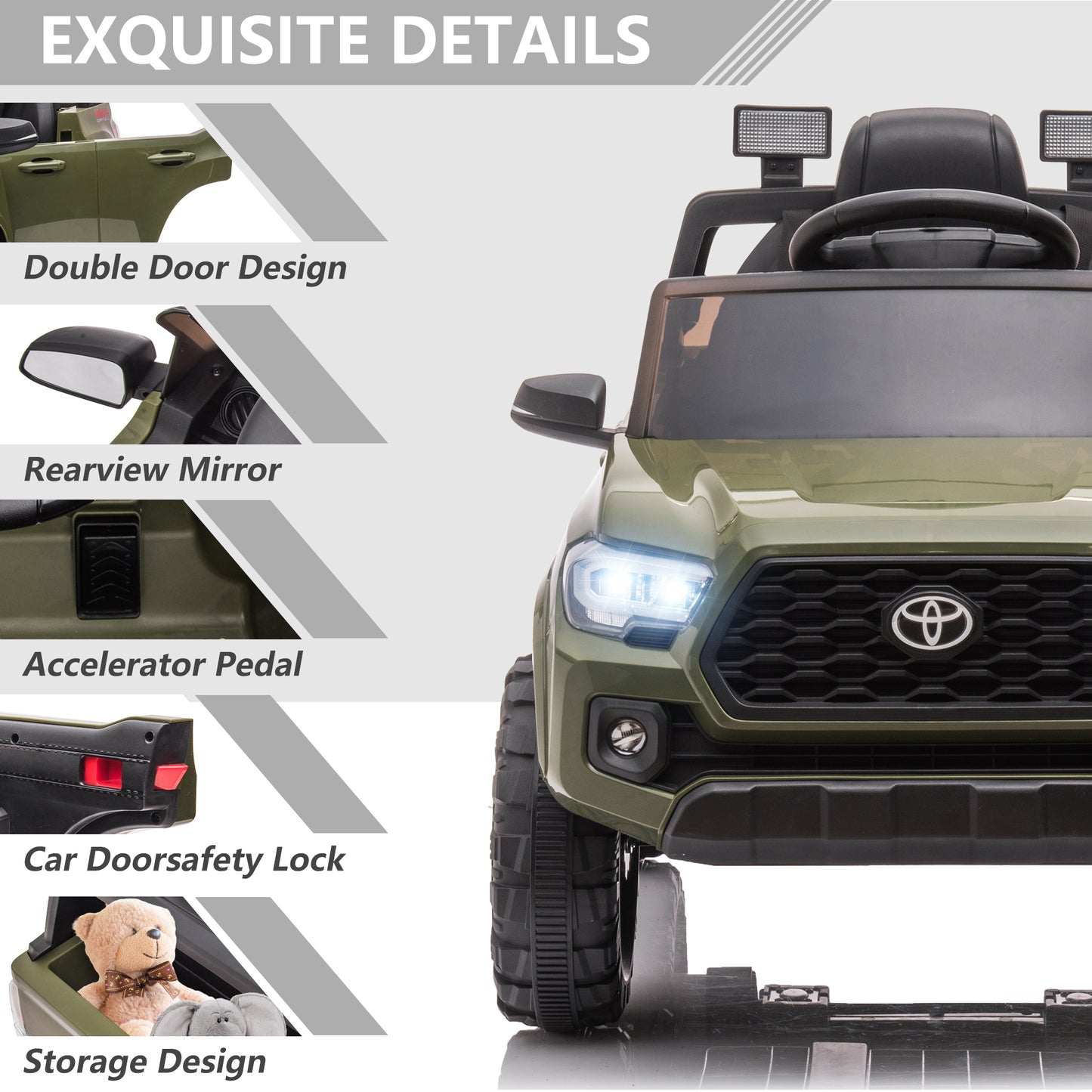 Licensed Toyota Tacoma Electric Ride on Vehicle for Kids, 12V Powered Ride on Car Toys with Remote Control, LED Lights, MP3 Player, Green
