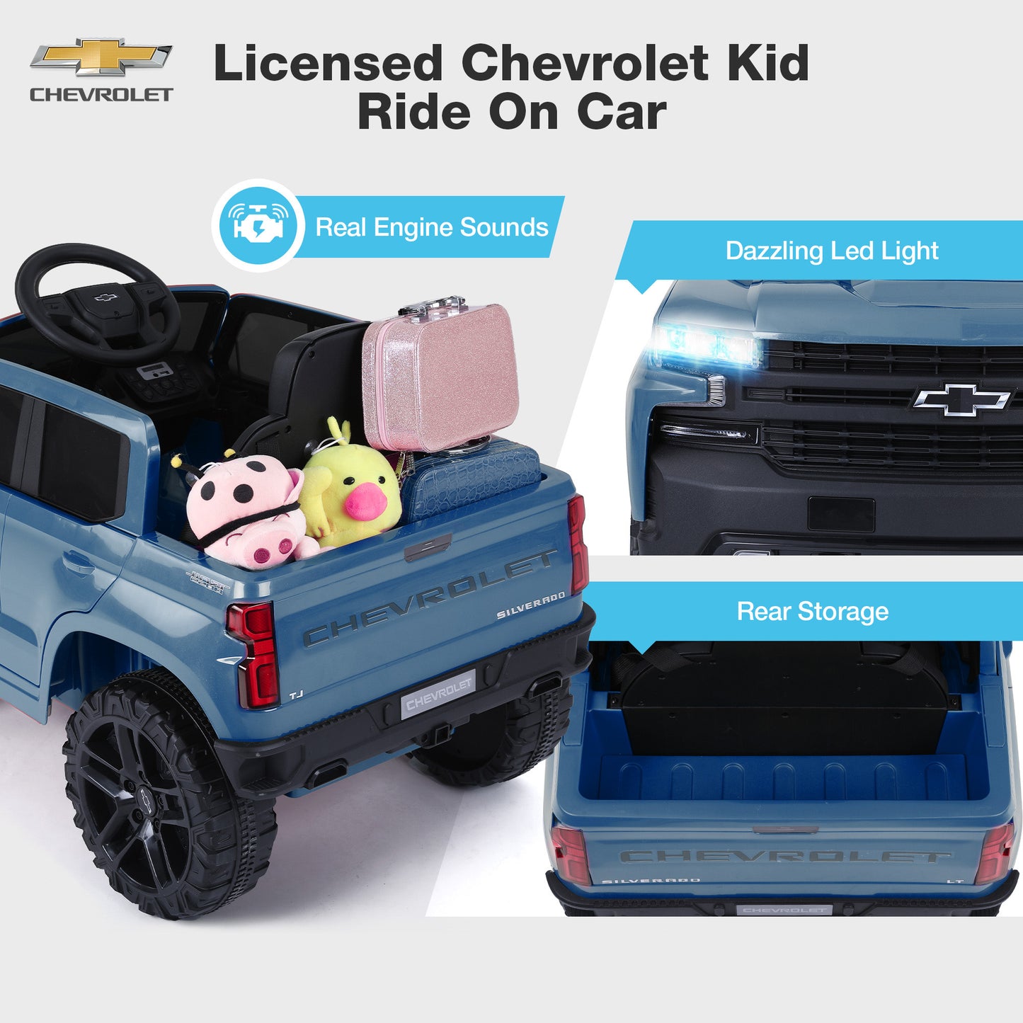 FUNTOK Licensed Chevrolet Silverado 12V Kids Electric Powered Ride on Toy Car with Remote Control & Music Player, Black