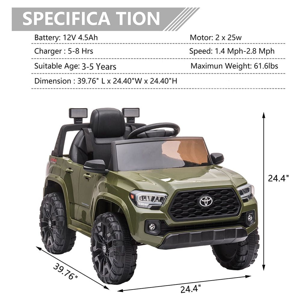 Licensed Toyota Tacoma Electric Ride on Vehicle for Kids, 12V Powered Ride on Car Toys with Remote Control, LED Lights, MP3 Player, Green