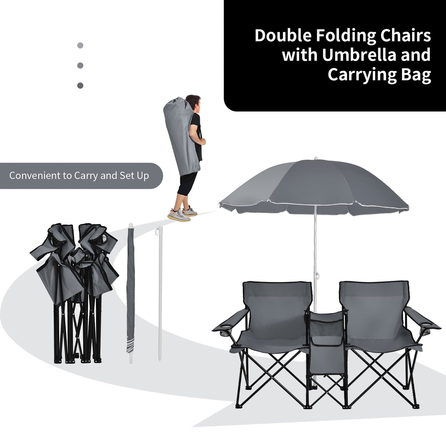 Costway Portable Folding Picnic Double Chair W/Umbrella Table Cooler Beach Camping Chair