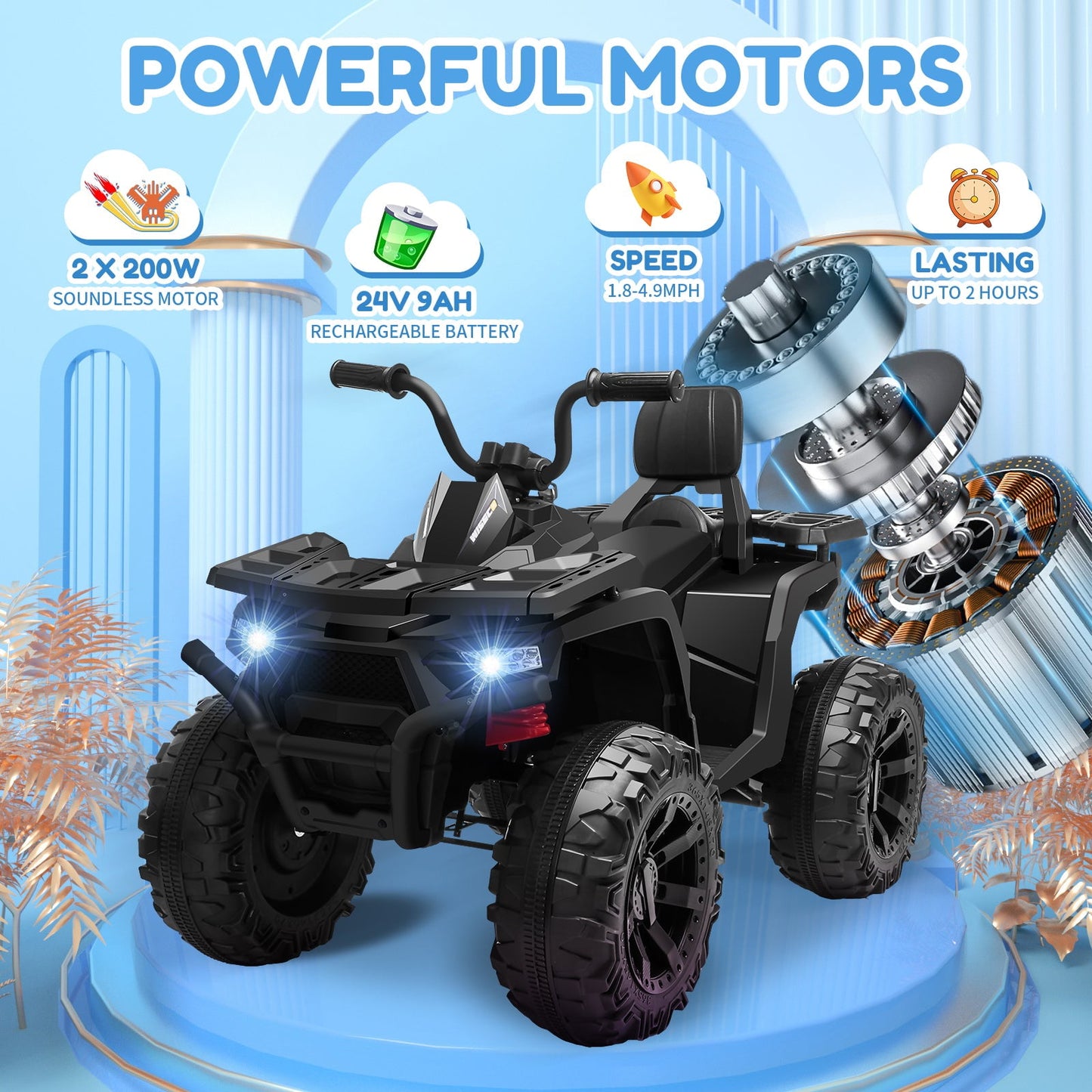 Joyracer 24V Kids Ride on ATV with 2 Seater, 2* 200W Motor 9AH Battery Powered Electric Car w/ LED Lights, High & Low Speed, Music, Suspension, 24 Volt Ride on Toy 4 Wheeler Quad for Boys Girls,Black