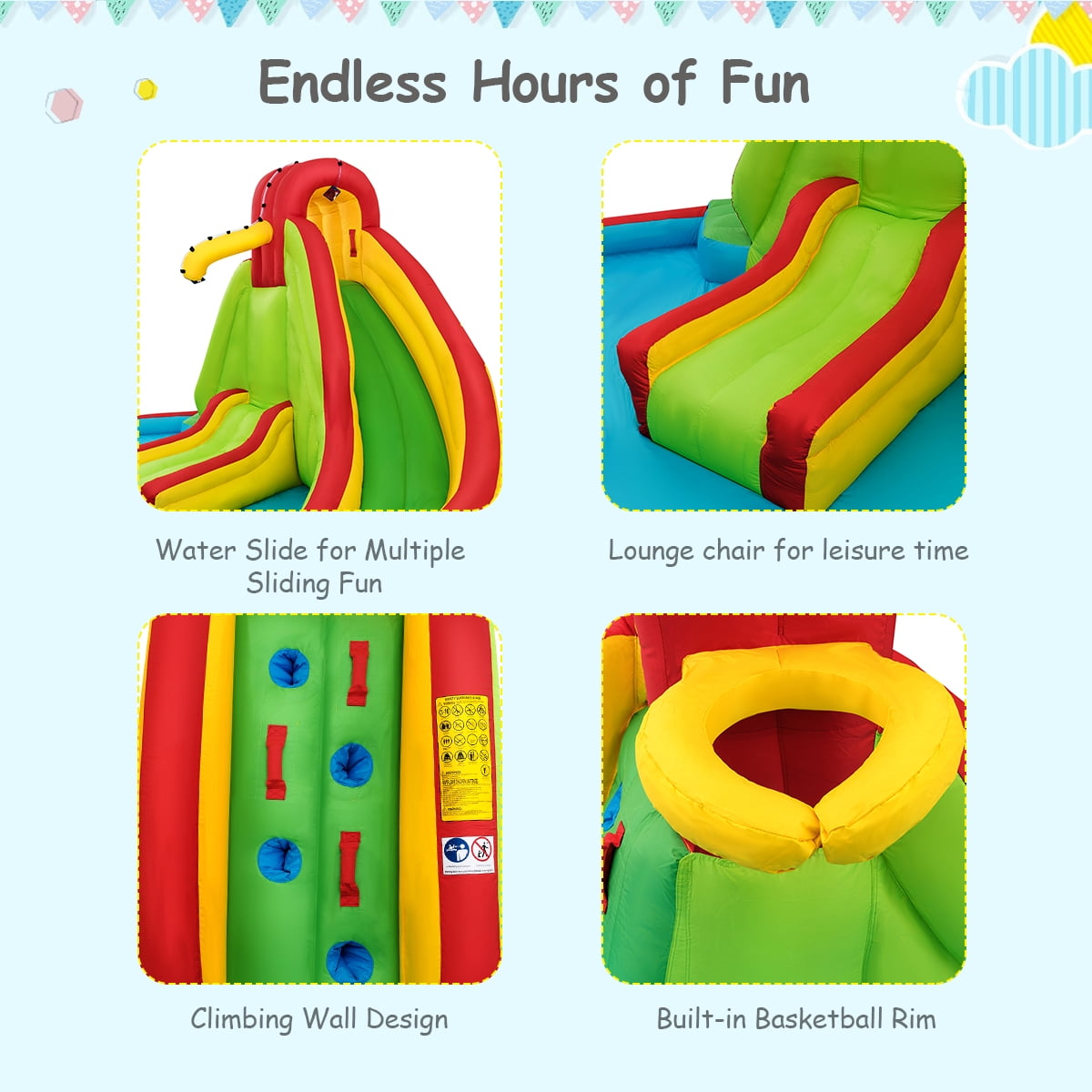 Costway Kids Inflatable Water Slide Bounce Park Splash Pool with Water Cannon & 480W Blower