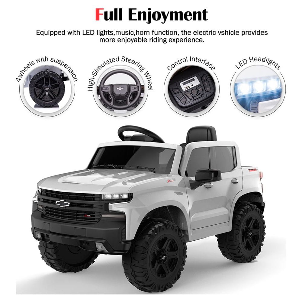 Chevrolet Silverado 12V Ride on Truck, Black Ride on Toys with Remote Control, Battery Powered Ride on Cars for Boys, Electric Cars for Kids to Ride, LED Lights, MP3 Music, Foot Pedal, CL220