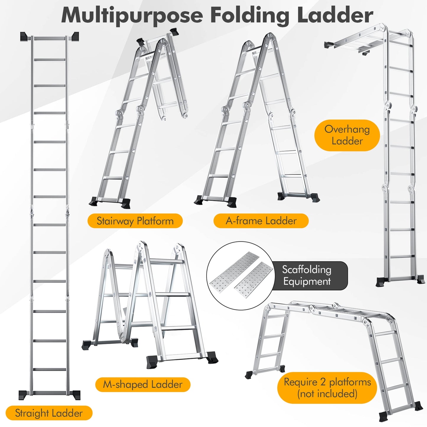 Gymax 12Ft Folding Step Ladder 7-in-1 Aluminium Alloy Extension Ladder 330 Lbs