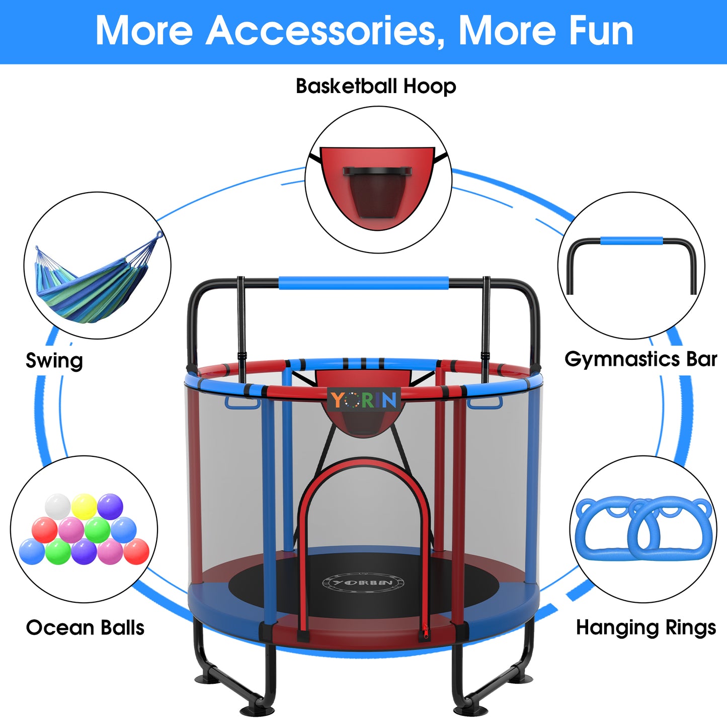 YORIN Trampoline for Kids, 60'' Toddler Mini Trampoline with Enclosure Net, Basketball Hoop, 5FT Indoor/Outdoor Kids Trampoline with Swing, Adjustable Gymnastics Bars, Gifts for Boys & Girls, 600LBS