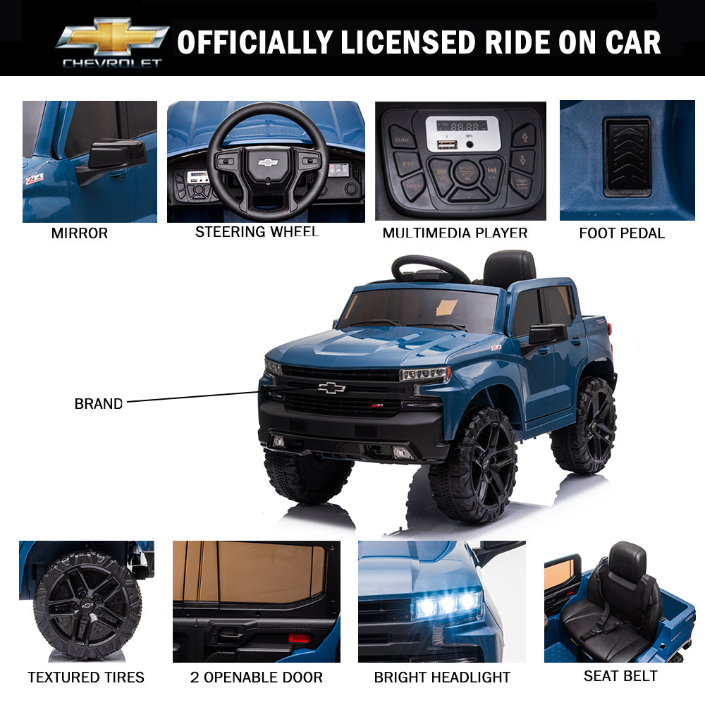 Chevrolet Silverado 12V Powered Ride on Cars for Kids, Remote Control, LED Light, MP3 Player, Electric Ride on Toys Truck for Boys Girls Gifts, White
