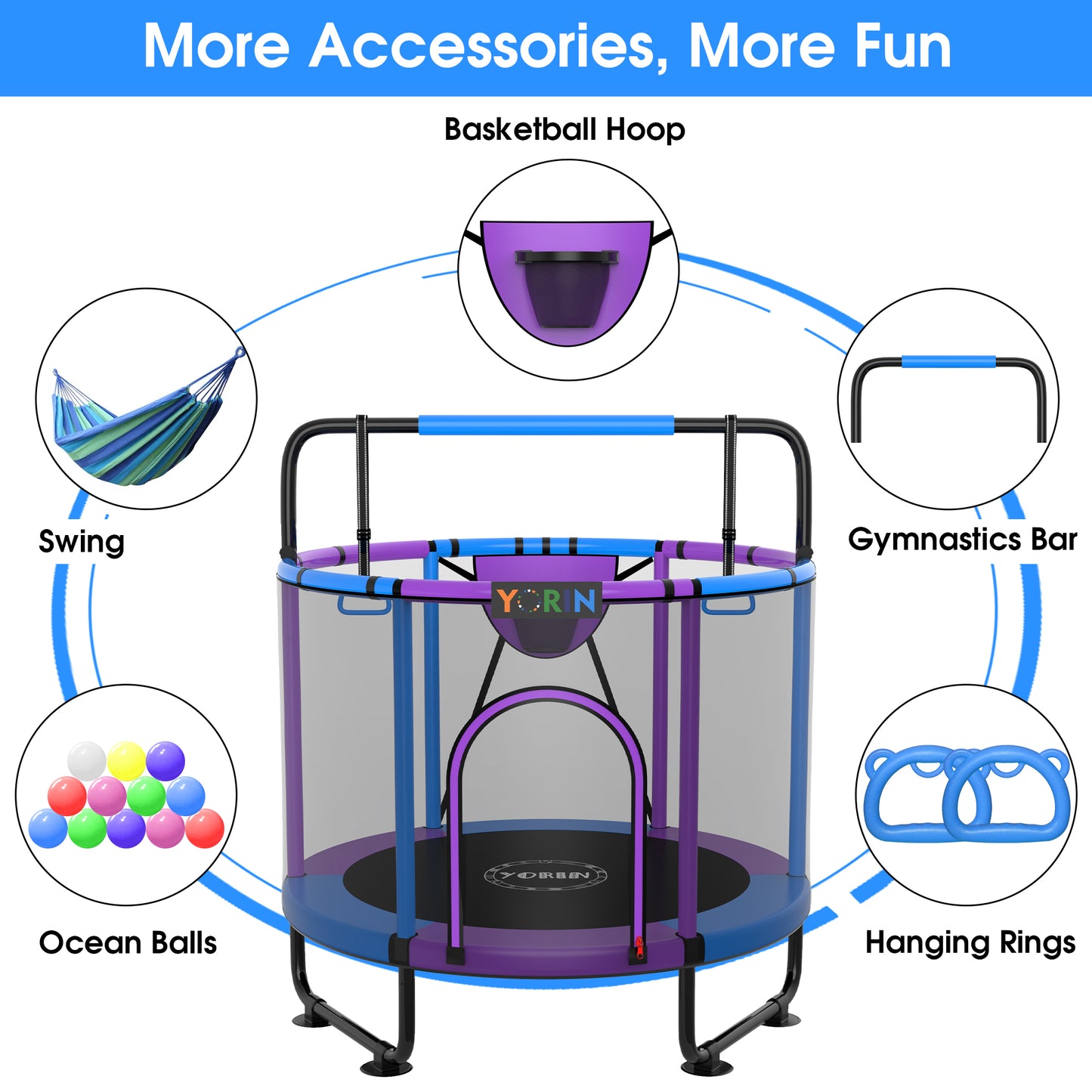 YORIN Trampoline for Kids, 60'' Toddler Mini Trampoline with Enclosure Net, Basketball Hoop, 5FT Indoor/Outdoor Kids Trampoline with Swing, Adjustable Gymnastics Bars, Gifts for Boys & Girls, 600LBS