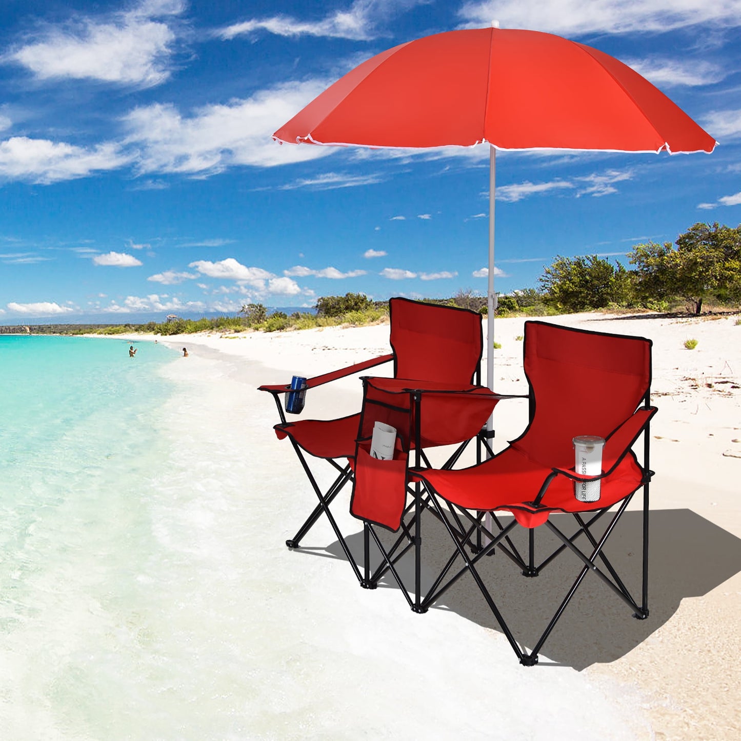 Costway Portable Folding Picnic Double Chair W/Umbrella Table Cooler Beach Camping Chair