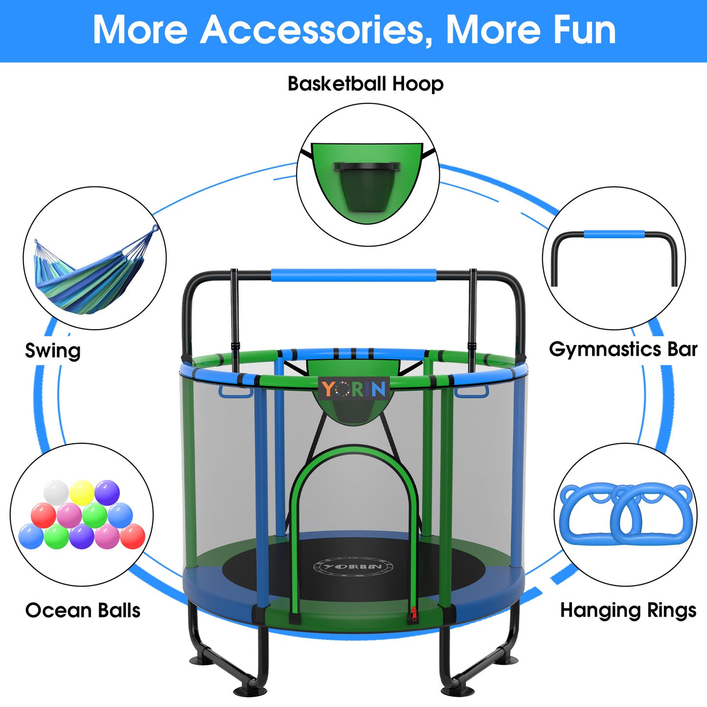 YORIN Trampoline for Kids, 60'' Toddler Mini Trampoline with Enclosure Net, Basketball Hoop, 5FT Indoor/Outdoor Kids Trampoline with Swing, Adjustable Gymnastics Bars, Gifts for Boys & Girls, 600LBS