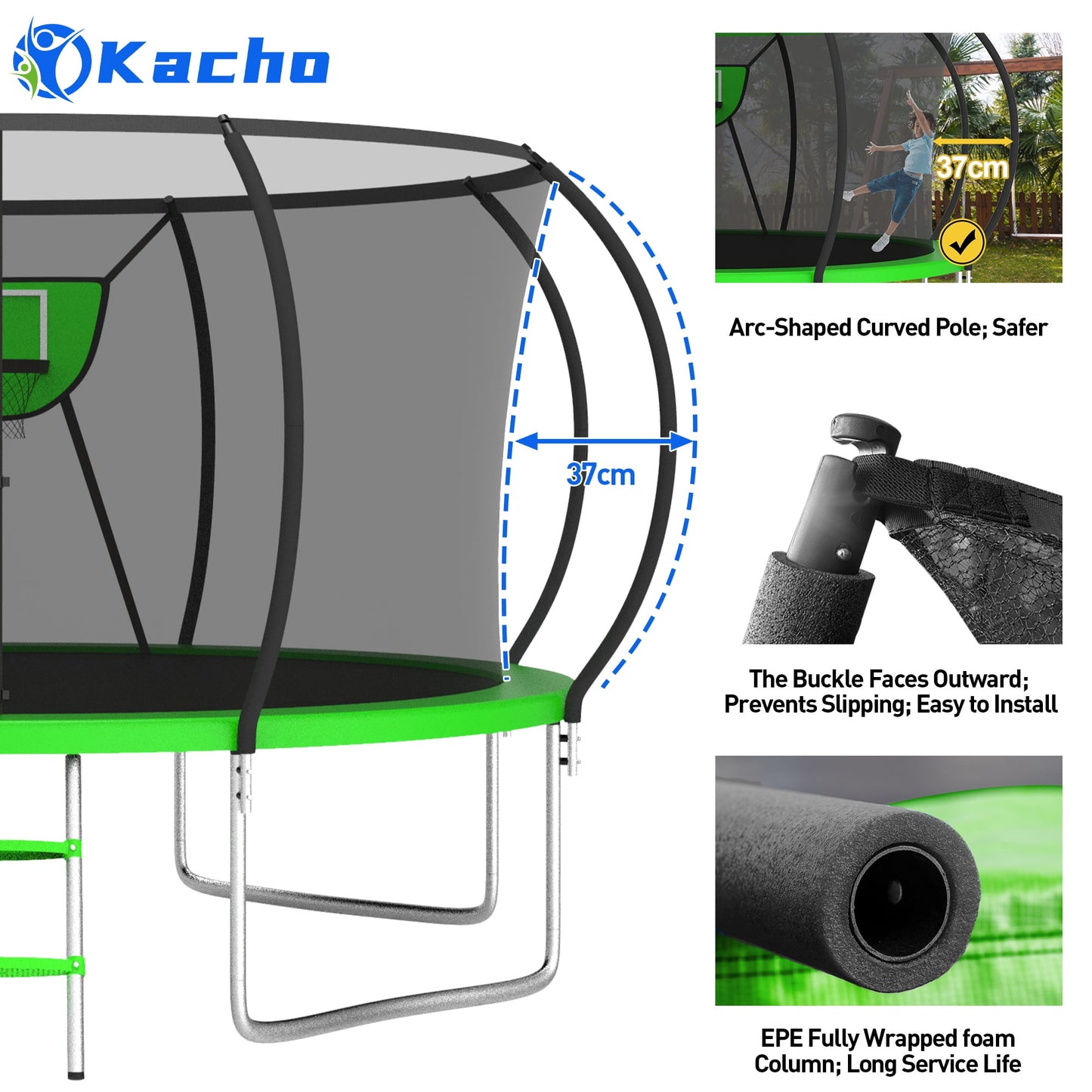Kacho Trampoline for 4-5Kids and 1-2 Adults, 12FT 1200LBS Trampoline with Enclosure Net, Ladder, Backyard Trampoline with Basketball Hoop, Heavy Duty No-Gap Design Outdoor Recreational Trampoline