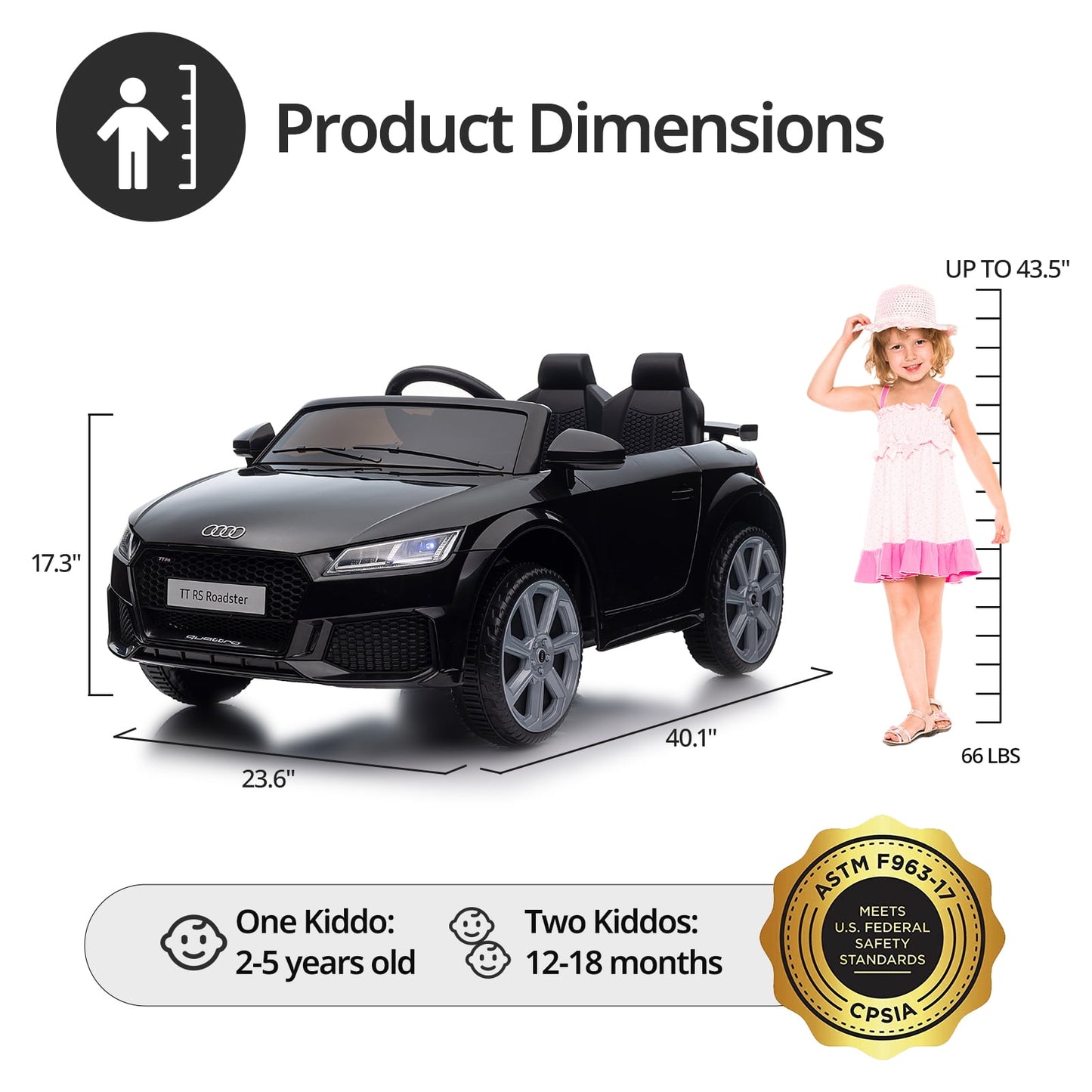 Hikiddo Electric Ride on Car for Kids, Licensed Audi 12V 7Ah Kids Ride-on Toy for Toddlers 2-5 Girl with Remote, Bluetooth - Pink