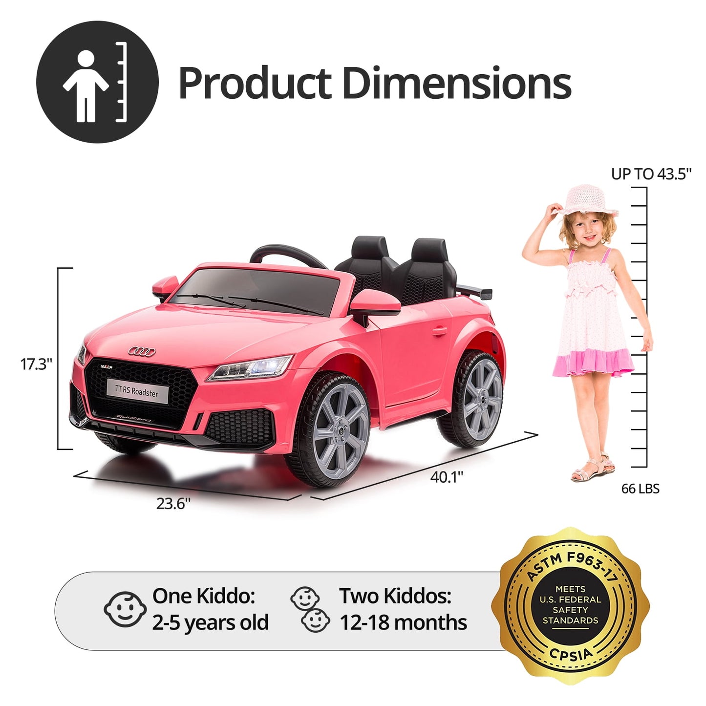 Hikiddo Electric Ride on Car for Kids, Licensed Audi 12V 7Ah Kids Ride-on Toy for Toddlers 2-5 Girl with Remote, Bluetooth - Pink