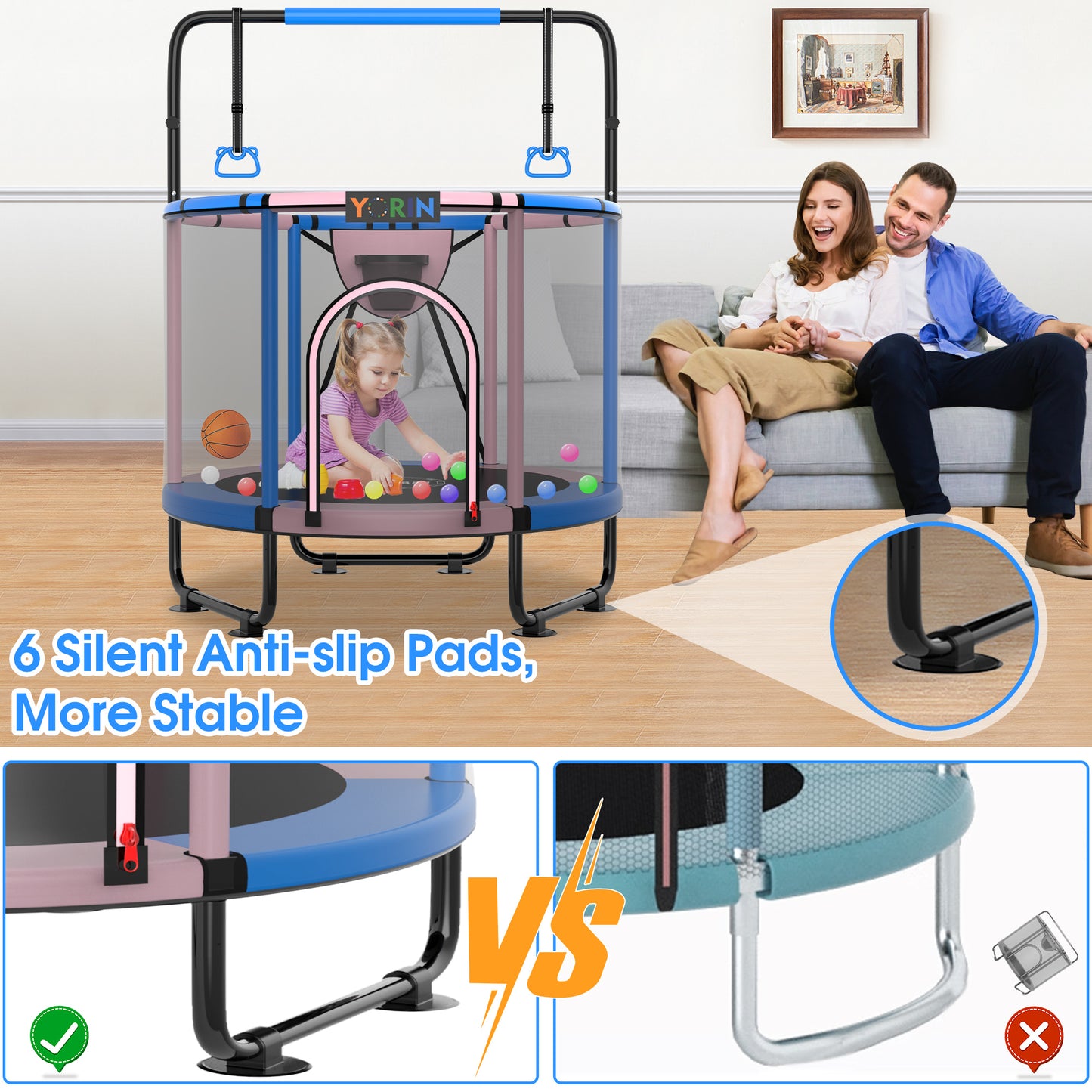 YORIN Trampoline for Kids, 60'' Toddler Mini Trampoline with Enclosure Net, Basketball Hoop, 5FT Indoor/Outdoor Kids Trampoline with Swing, Adjustable Gymnastics Bars, Gifts for Boys & Girls, 600LBS