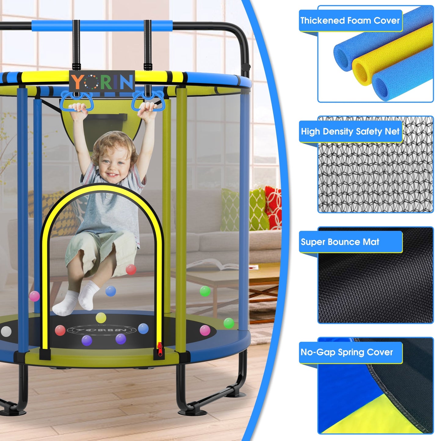 YORIN Trampoline for Kids, 60'' Toddler Mini Trampoline with Enclosure Net, Basketball Hoop, 5FT Indoor/Outdoor Kids Trampoline with Swing, Adjustable Gymnastics Bars, Gifts for Boys & Girls, 600LBS
