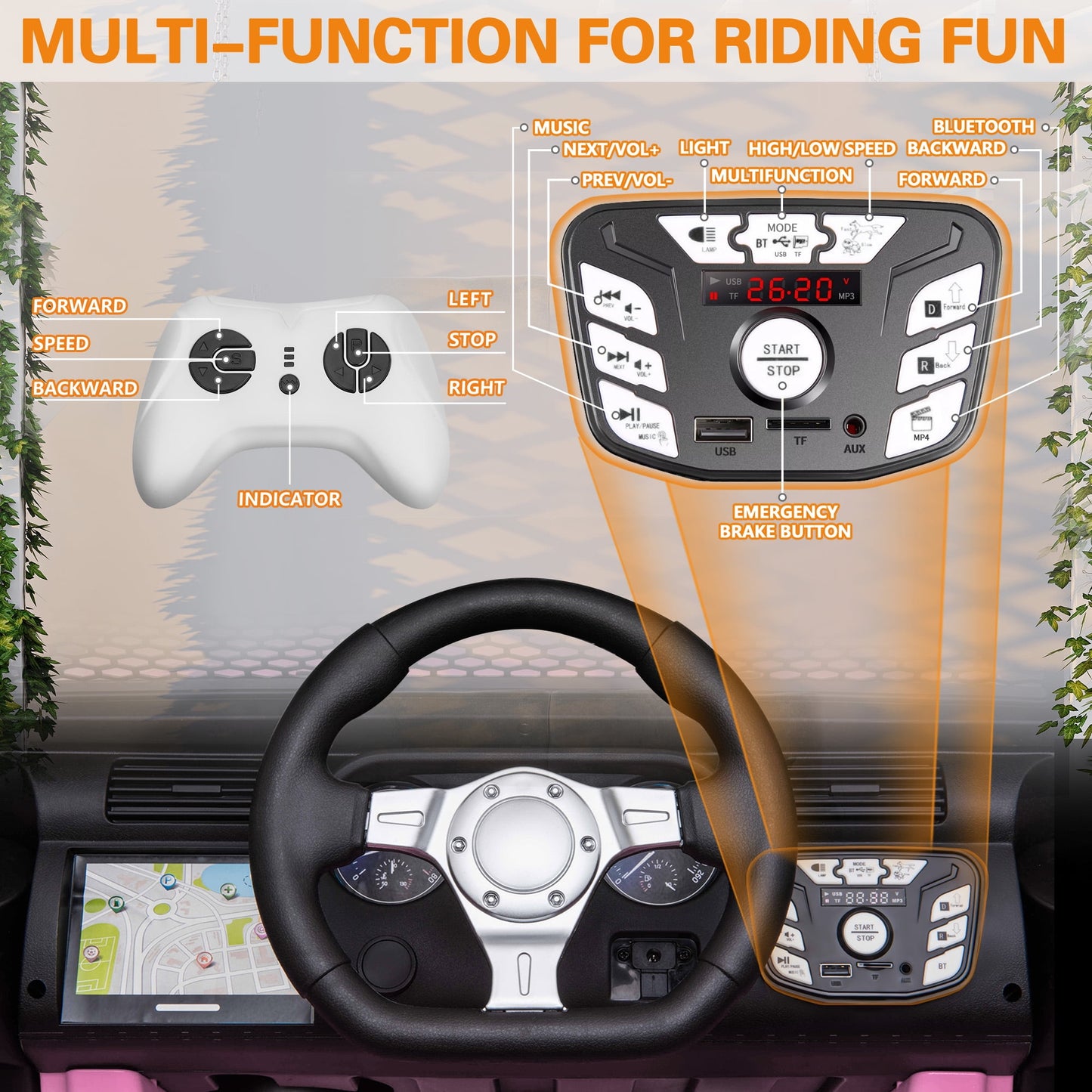 Joyracer 4x4 24V Kids Ride on Truck Car with Remote Control & 2 Seater,800W Motor, 9AH Battery Powered Ride on Toys w/ Spring Suspension,  3 Speeds,LED Lights, MP3/Bluetooth Music for Girl Boy, Pink