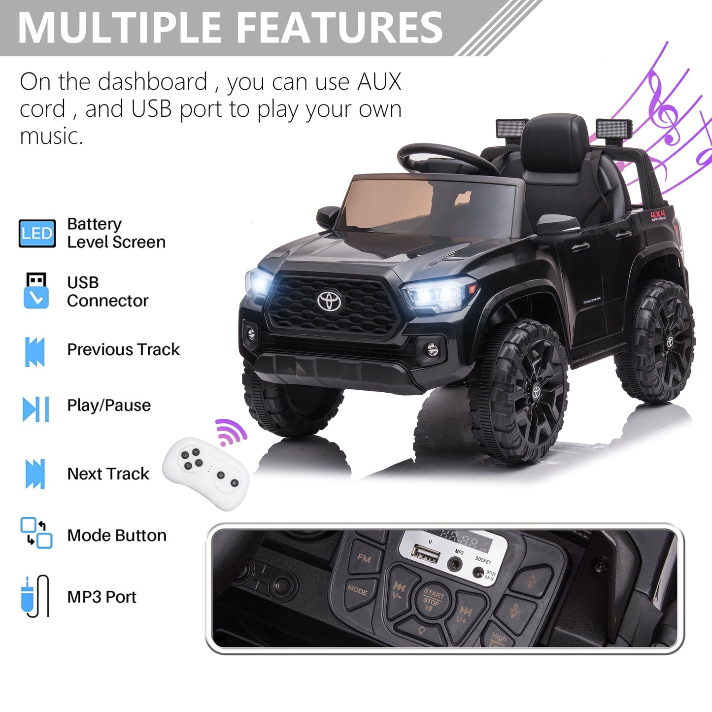 Licensed Toyota Tacoma Electric Ride on Vehicle for Kids, 12V Powered Ride on Car Toys with Remote Control, LED Lights, MP3 Player, Green