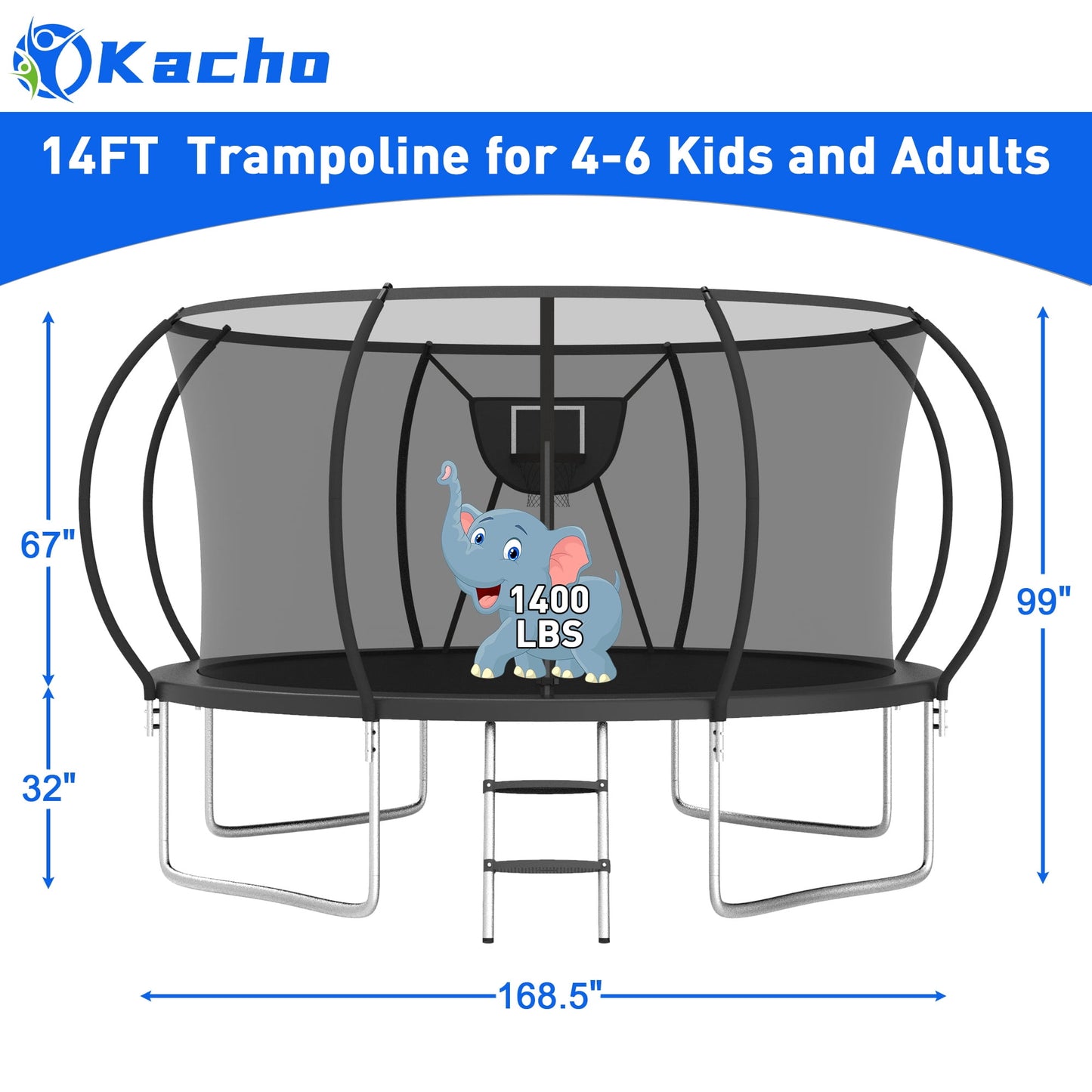 Kacho Trampoline for 4-5Kids and 1-2 Adults, 12FT 1200LBS Trampoline with Enclosure Net, Ladder, Backyard Trampoline with Basketball Hoop, Heavy Duty No-Gap Design Outdoor Recreational Trampoline