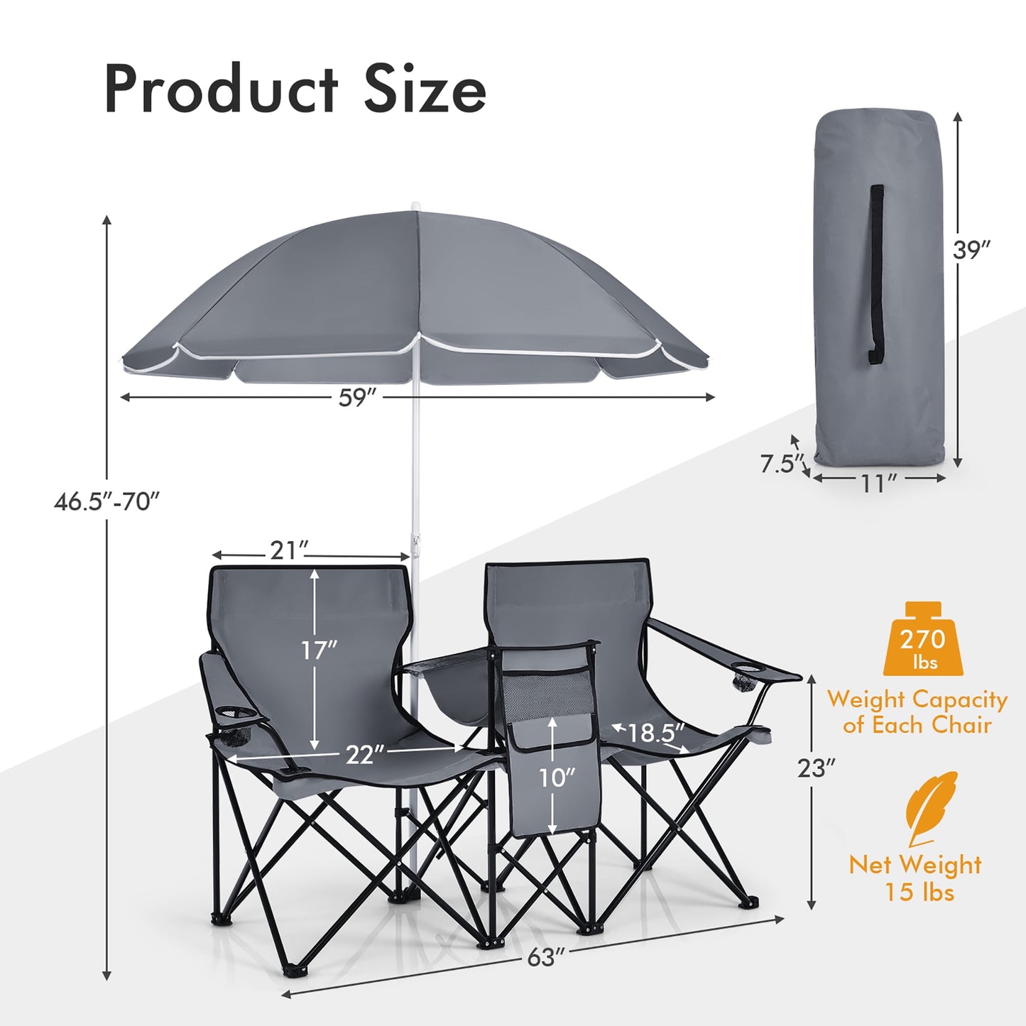 Costway Portable Folding Picnic Double Chair W/Umbrella Table Cooler Beach Camping Chair