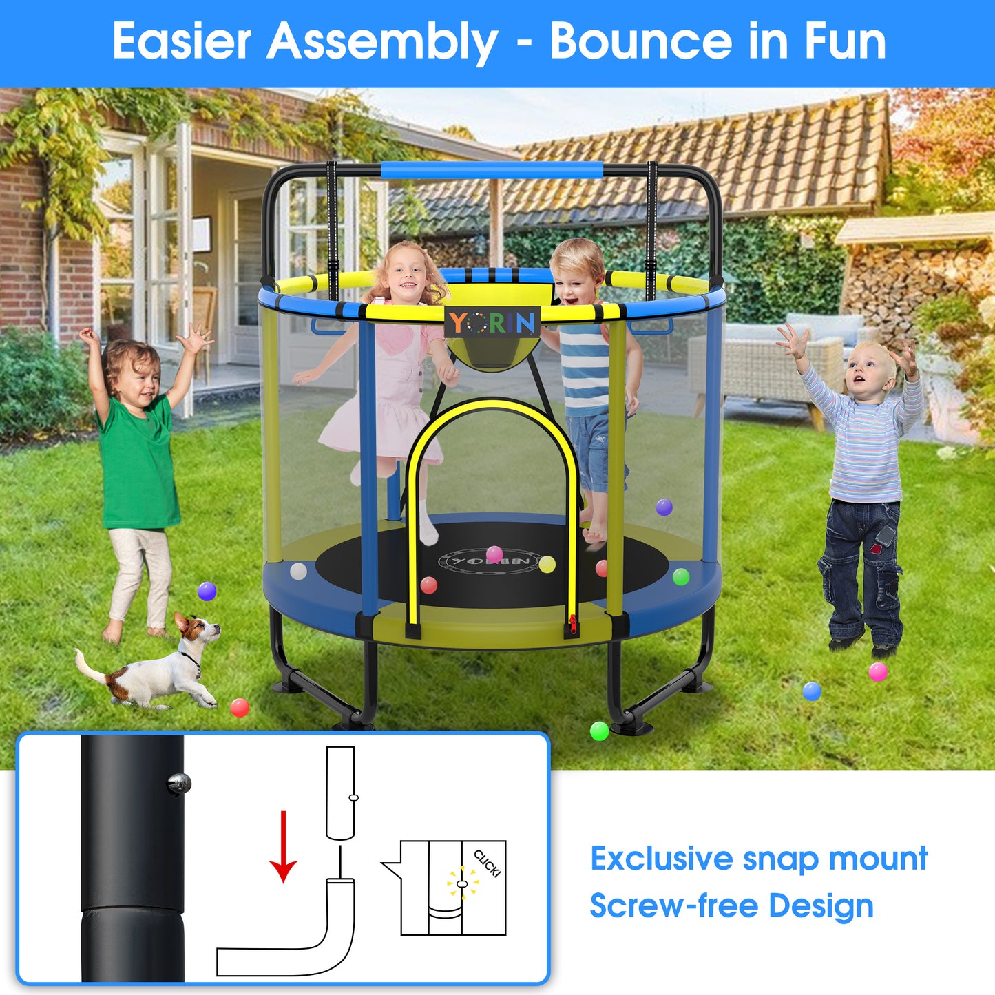 YORIN Trampoline for Kids, 60'' Toddler Mini Trampoline with Enclosure Net, Basketball Hoop, 5FT Indoor/Outdoor Kids Trampoline with Swing, Adjustable Gymnastics Bars, Gifts for Boys & Girls, 600LBS