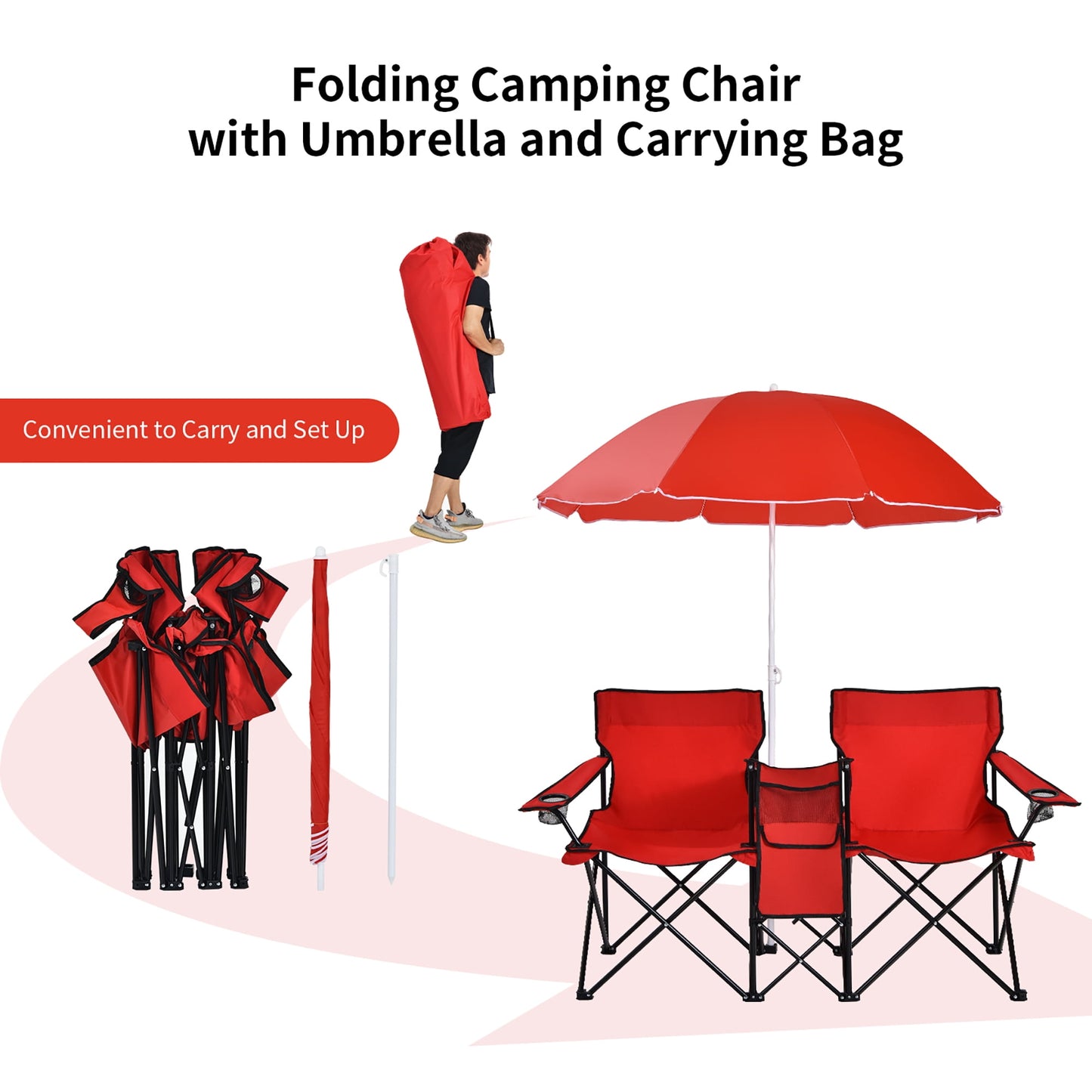 Costway Portable Folding Picnic Double Chair W/Umbrella Table Cooler Beach Camping Chair