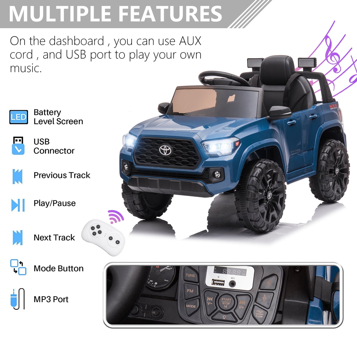 Licensed Toyota Tacoma Electric Ride on Vehicle for Kids, 12V Powered Ride on Car Toys with Remote Control, LED Lights, MP3 Player, Green