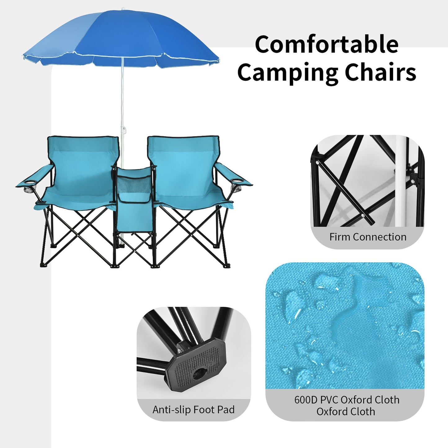 Costway Portable Folding Picnic Double Chair W/Umbrella Table Cooler Beach Camping Chair