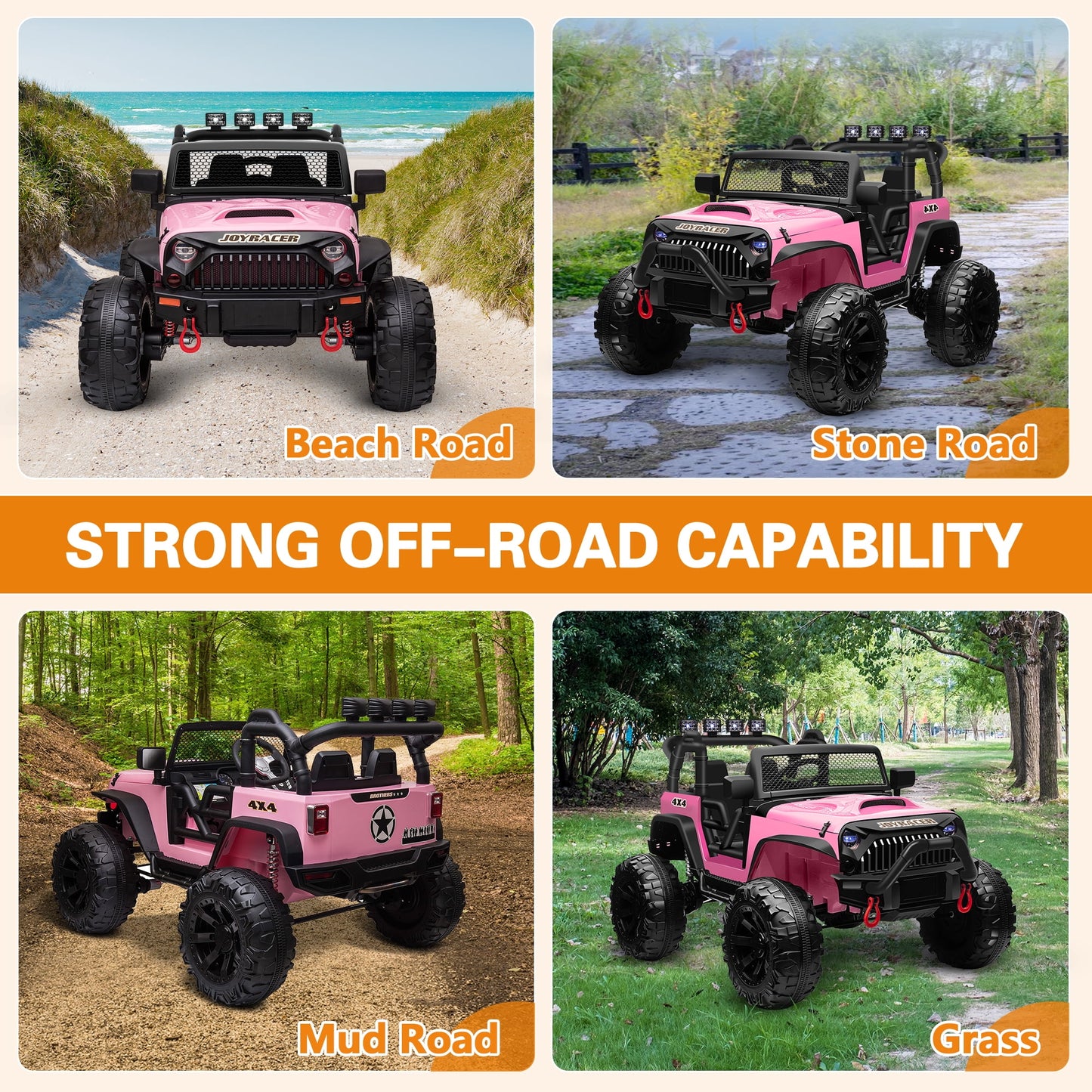 Joyracer 4x4 24V Kids Ride on Truck Car with Remote Control & 2 Seater,800W Motor, 9AH Battery Powered Ride on Toys w/ Spring Suspension,  3 Speeds,LED Lights, MP3/Bluetooth Music for Girl Boy, Pink