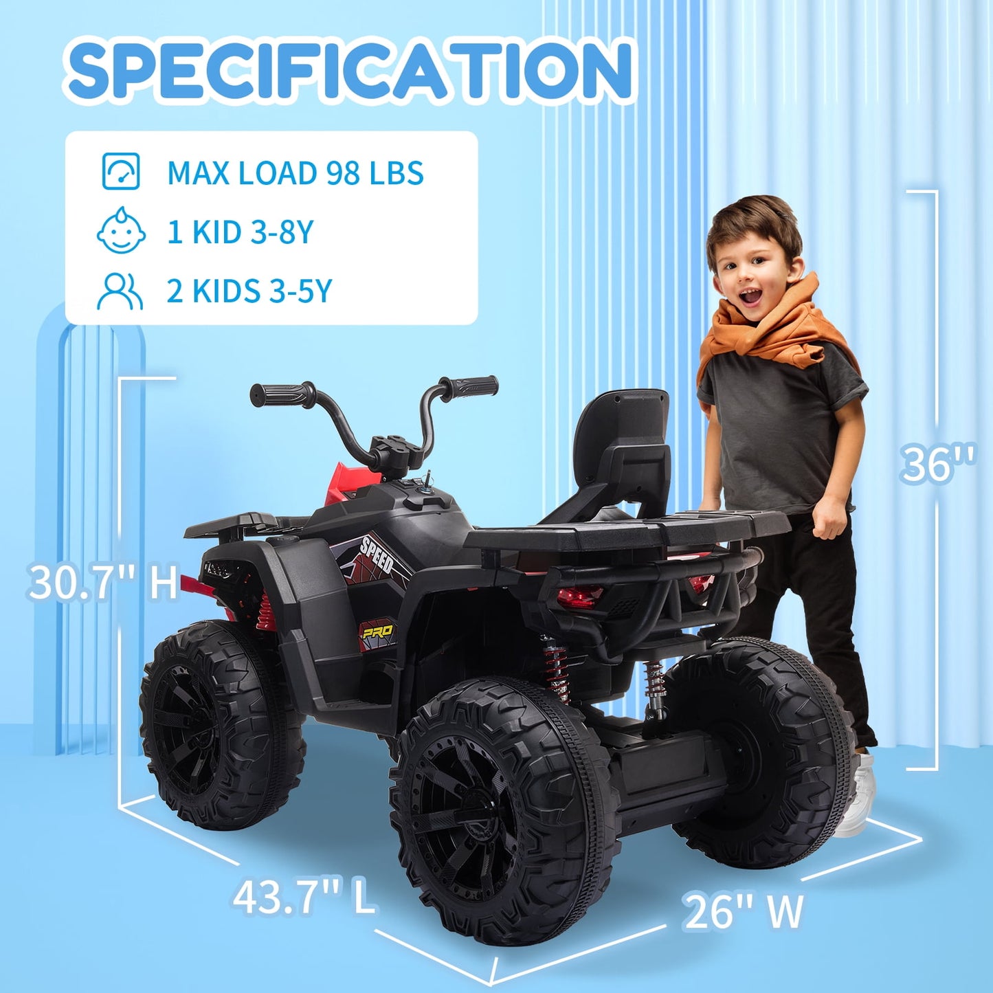 Joyracer 24V Kids Ride on ATV with 2 Seater, 2* 200W Motor 9AH Battery Powered Electric Car w/ LED Lights, High & Low Speed, Music, Suspension, 24 Volt Ride on Toy 4 Wheeler Quad for Boys Girls,Black