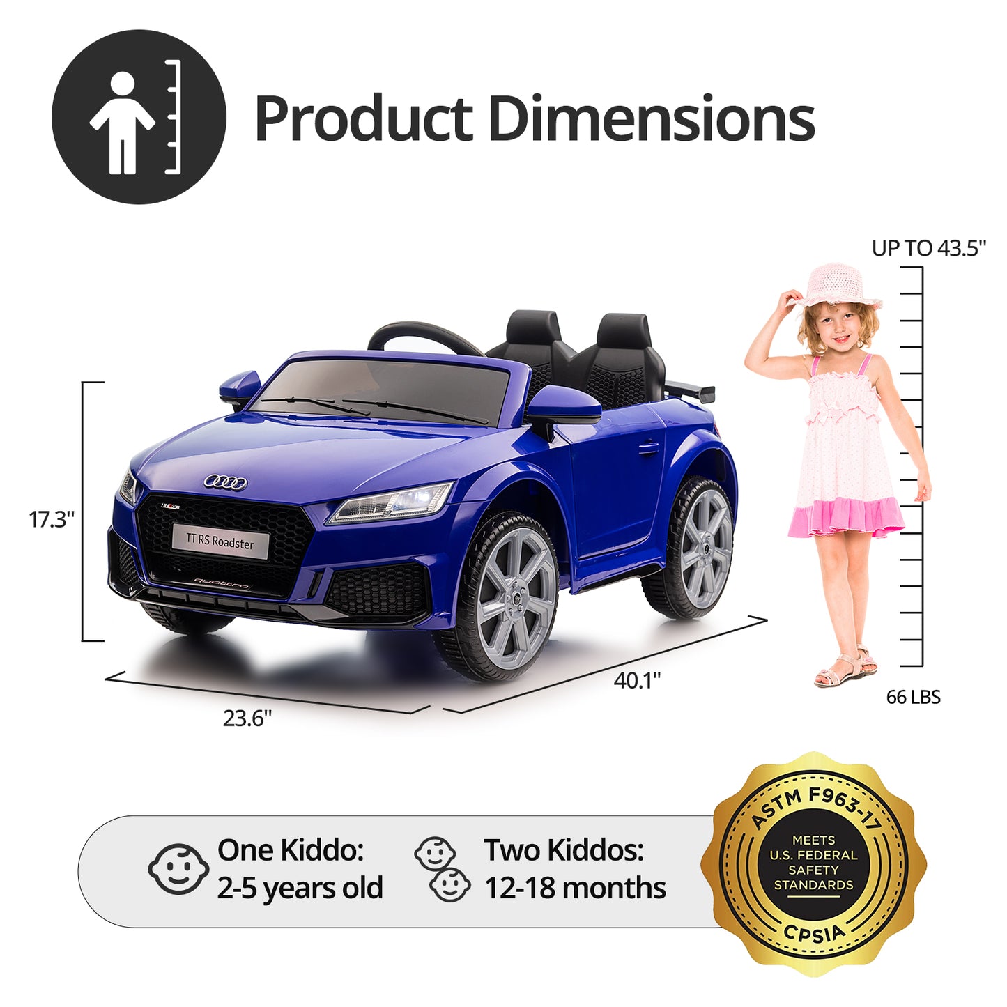 Hikiddo Electric Ride on Car for Kids, Licensed Audi 12V 7Ah Kids Ride-on Toy for Toddlers 2-5 Girl with Remote, Bluetooth - Pink