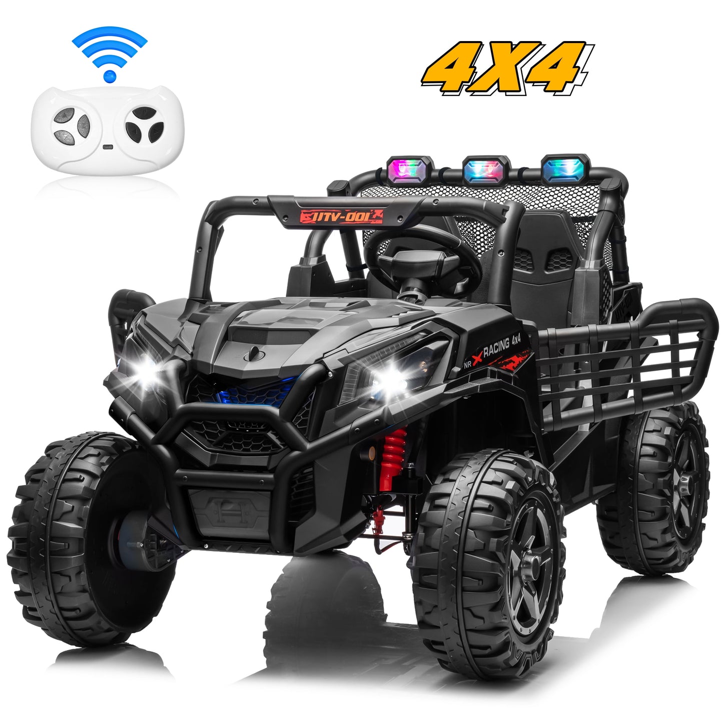Joyracer 4WD 24V Ride on Toys Car w/ 2 XL Seater Remote Control, Electric Off-Road UTV w/ 4*200W Motor, Powered 4-Wheeler Toy, LED Lights, Spring Suspension, 3 Speeds, Bluetooth Music, Black