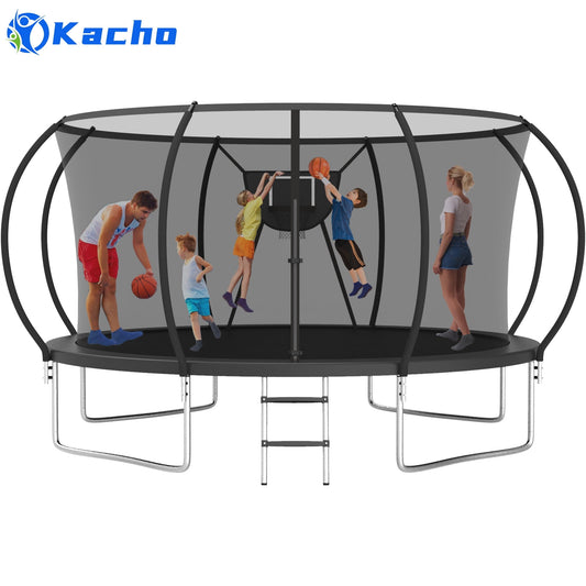 Kacho Trampoline for 4-5Kids and 1-2 Adults, 12FT 1200LBS Trampoline with Enclosure Net, Ladder, Backyard Trampoline with Basketball Hoop, Heavy Duty No-Gap Design Outdoor Recreational Trampoline