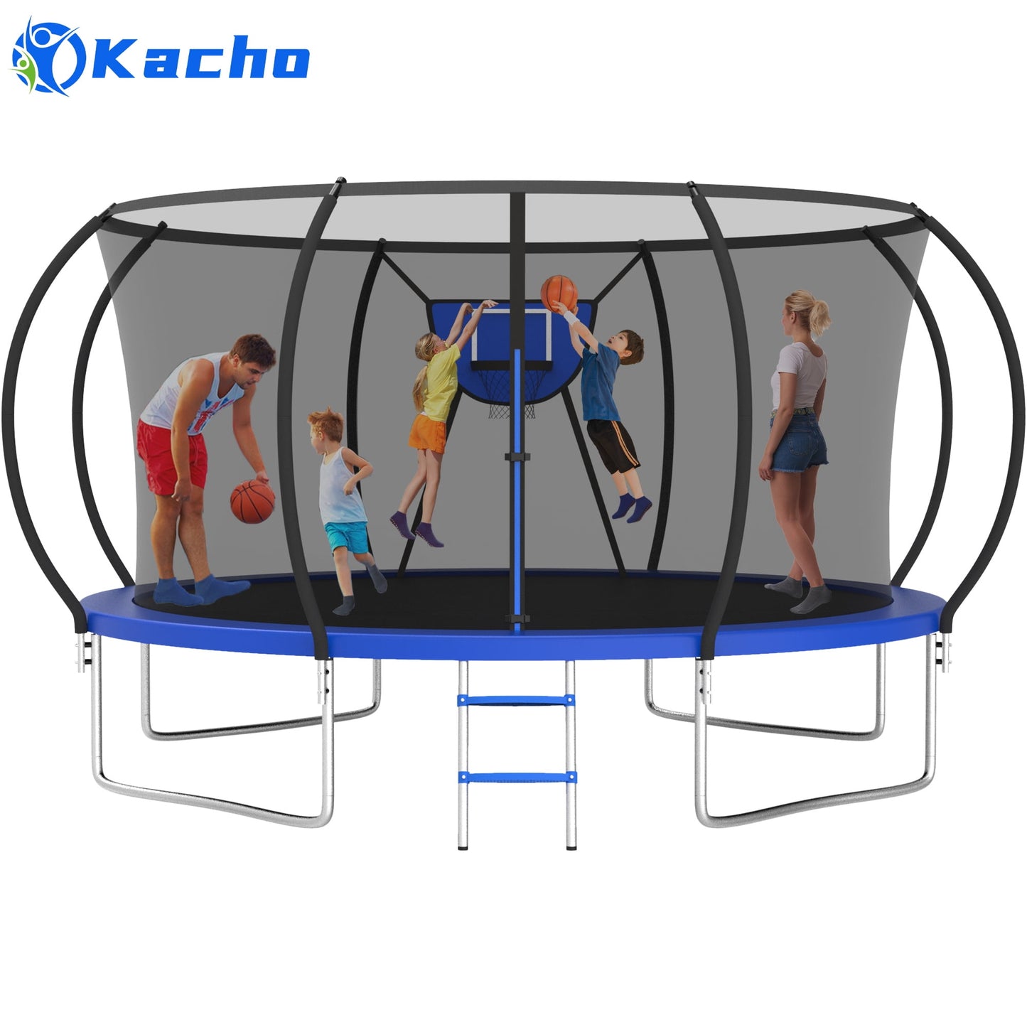 Kacho Trampoline for 4-5Kids and 1-2 Adults, 12FT 1200LBS Trampoline with Enclosure Net, Ladder, Backyard Trampoline with Basketball Hoop, Heavy Duty No-Gap Design Outdoor Recreational Trampoline