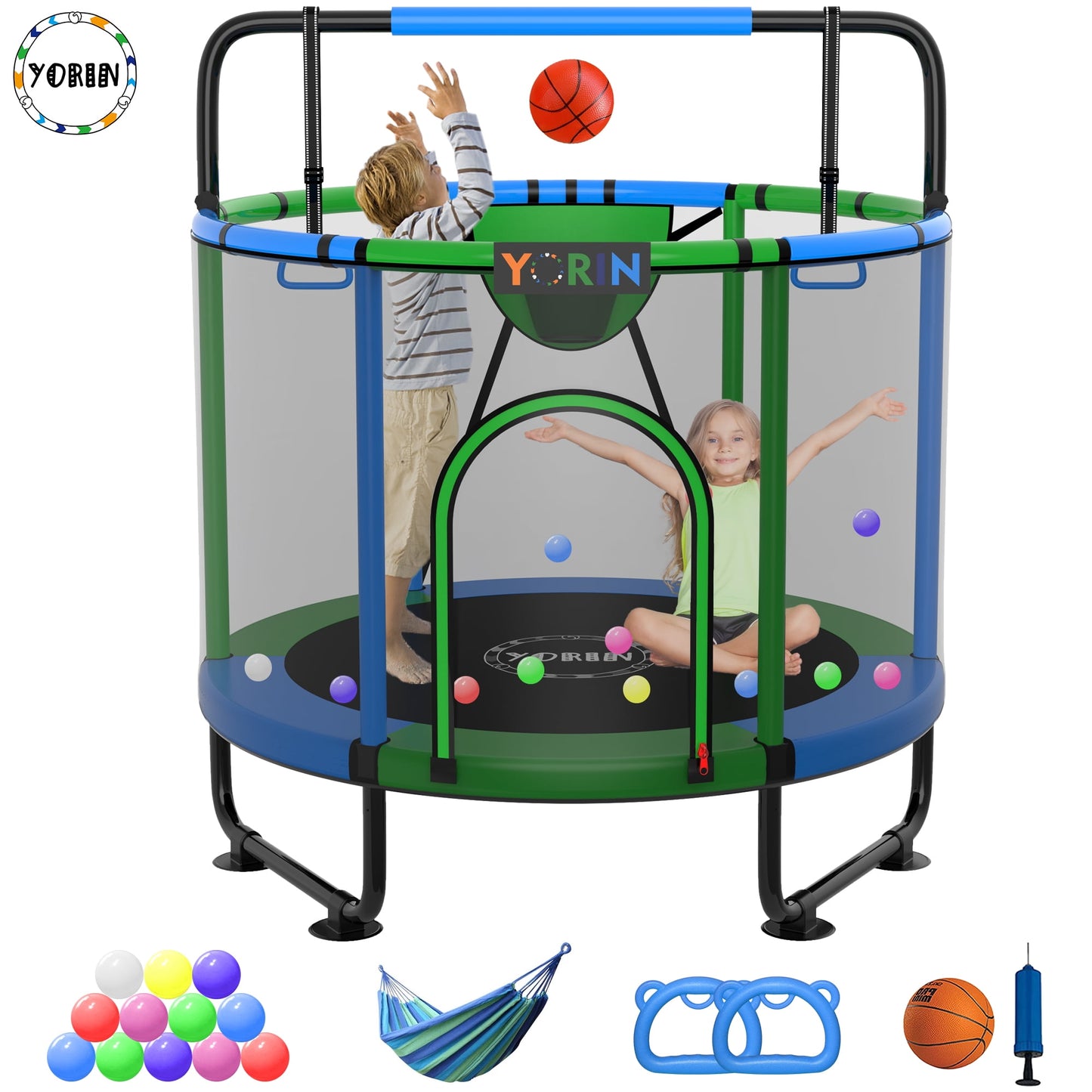 YORIN Trampoline for Kids, 60'' Toddler Mini Trampoline with Enclosure Net, Basketball Hoop, 5FT Indoor/Outdoor Kids Trampoline with Swing, Adjustable Gymnastics Bars, Gifts for Boys & Girls, 600LBS