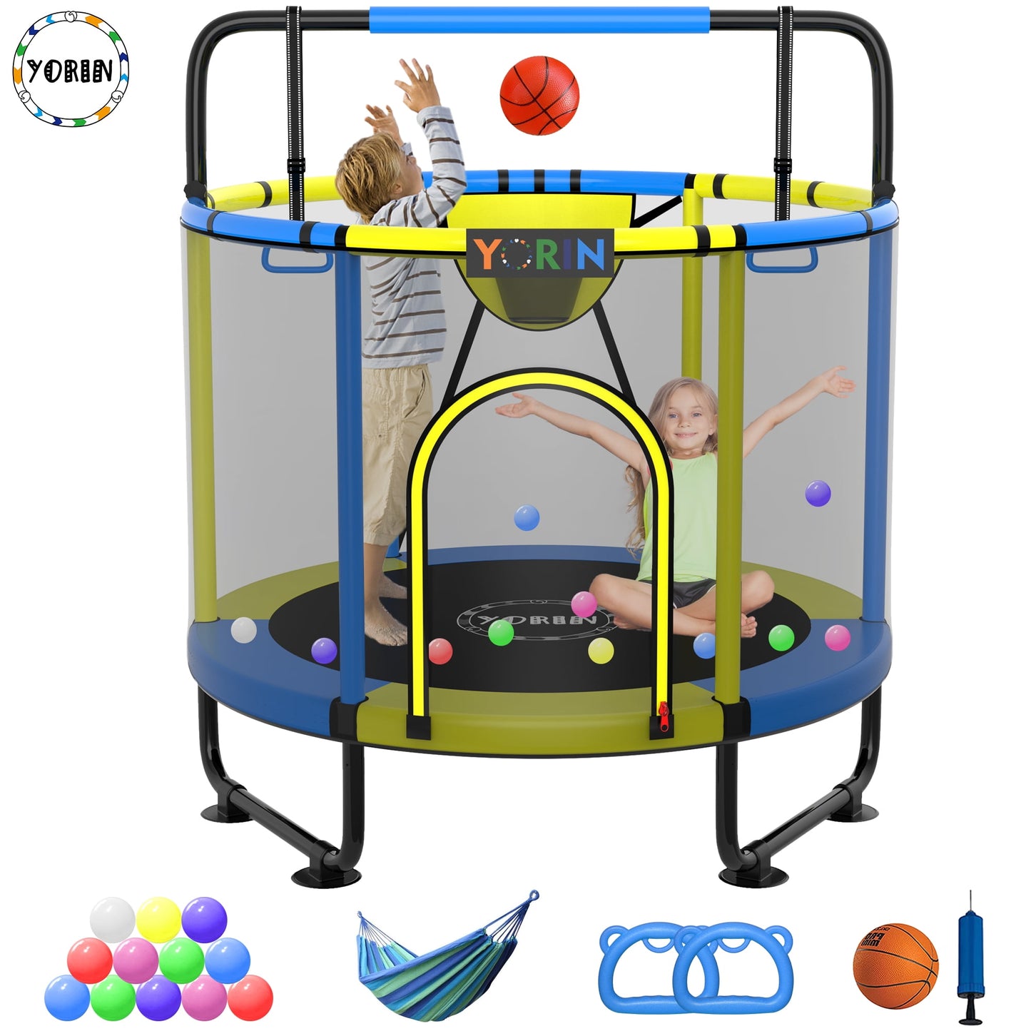 YORIN Trampoline for Kids, 60'' Toddler Mini Trampoline with Enclosure Net, Basketball Hoop, 5FT Indoor/Outdoor Kids Trampoline with Swing, Adjustable Gymnastics Bars, Gifts for Boys & Girls, 600LBS