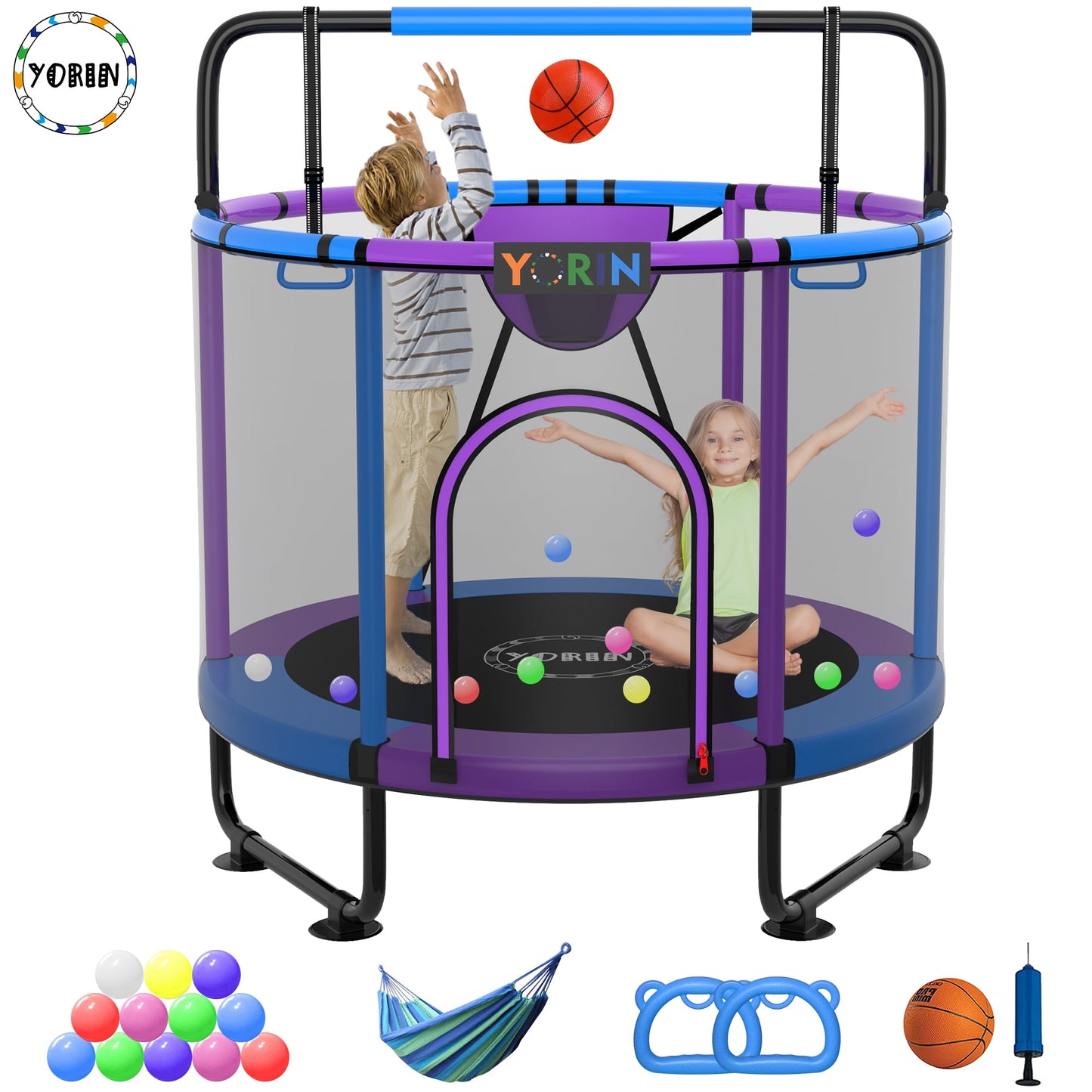 YORIN Trampoline for Kids, 60'' Toddler Mini Trampoline with Enclosure Net, Basketball Hoop, 5FT Indoor/Outdoor Kids Trampoline with Swing, Adjustable Gymnastics Bars, Gifts for Boys & Girls, 600LBS