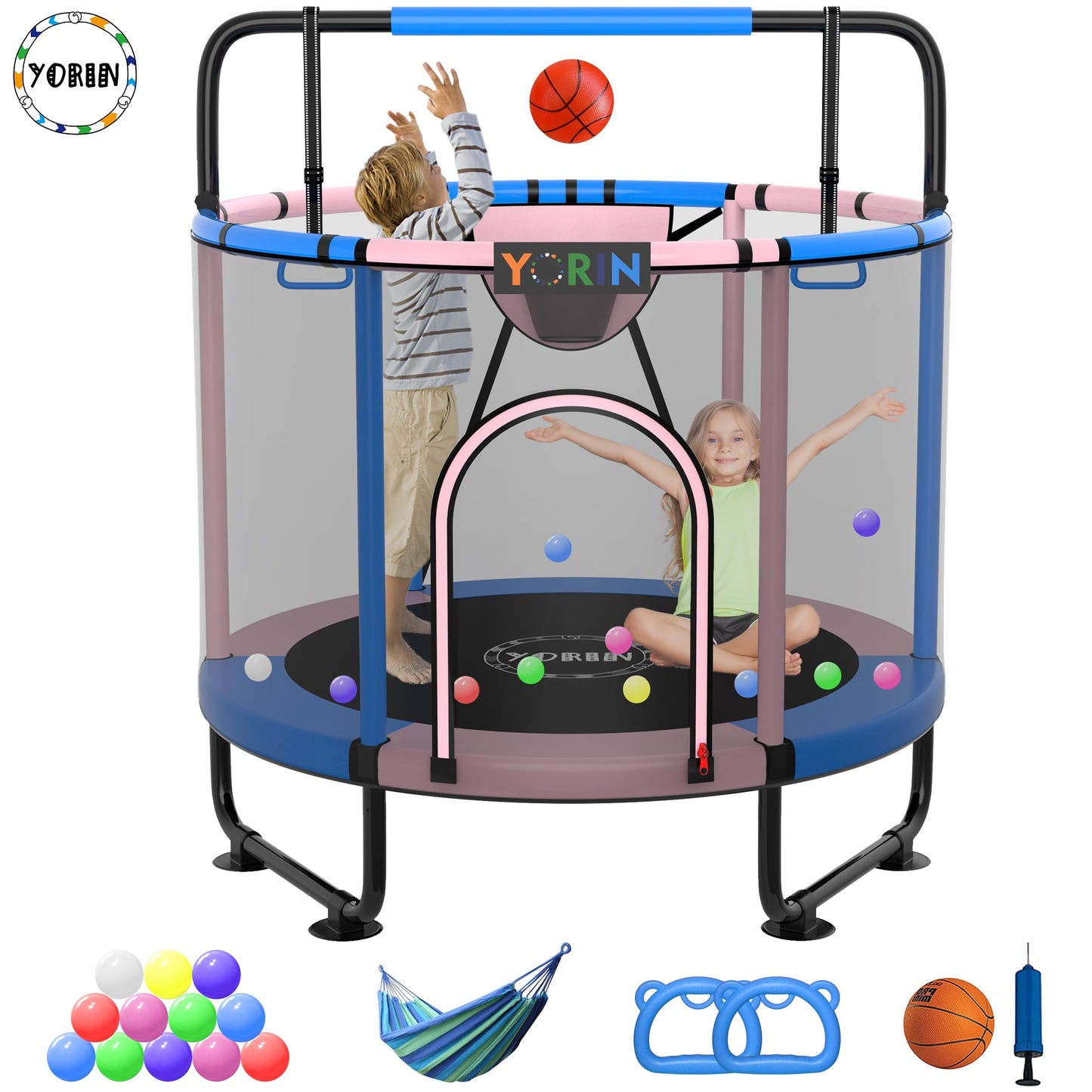YORIN Trampoline for Kids, 60'' Toddler Mini Trampoline with Enclosure Net, Basketball Hoop, 5FT Indoor/Outdoor Kids Trampoline with Swing, Adjustable Gymnastics Bars, Gifts for Boys & Girls, 600LBS