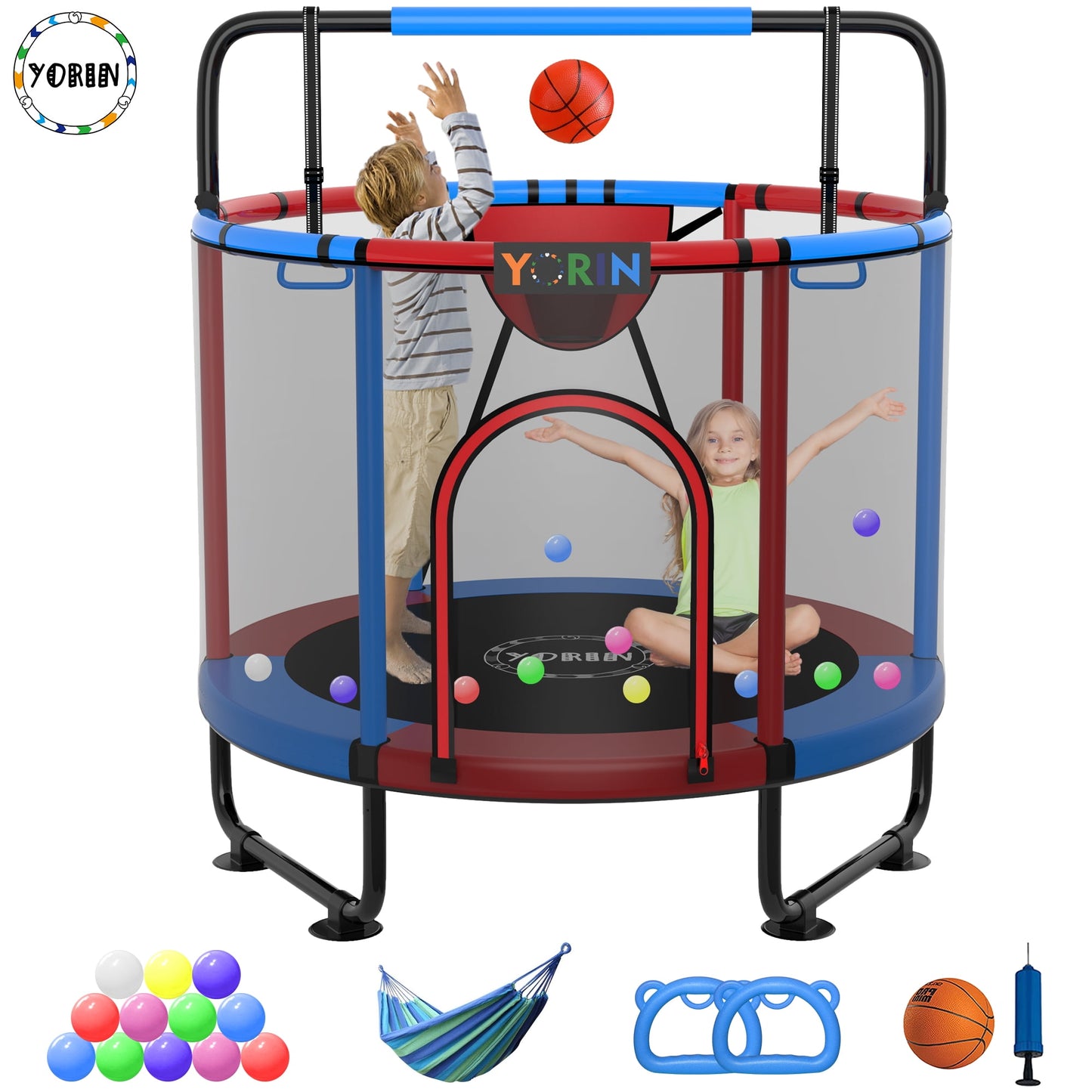 YORIN Trampoline for Kids, 60'' Toddler Mini Trampoline with Enclosure Net, Basketball Hoop, 5FT Indoor/Outdoor Kids Trampoline with Swing, Adjustable Gymnastics Bars, Gifts for Boys & Girls, 600LBS