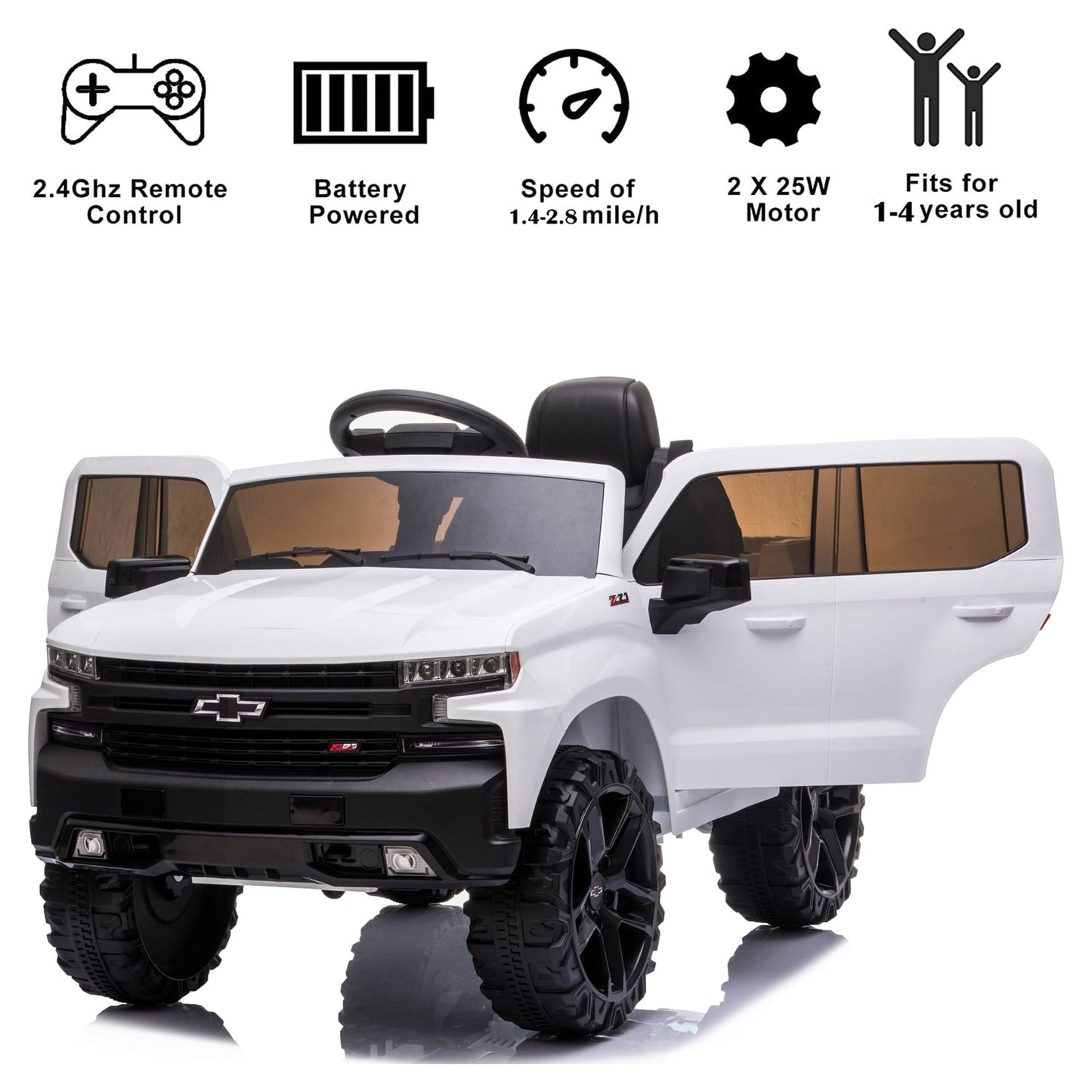 Chevrolet Silverado 12V Powered Ride on Cars for Kids, Remote Control, LED Light, MP3 Player, Electric Ride on Toys Truck for Boys Girls Gifts, White