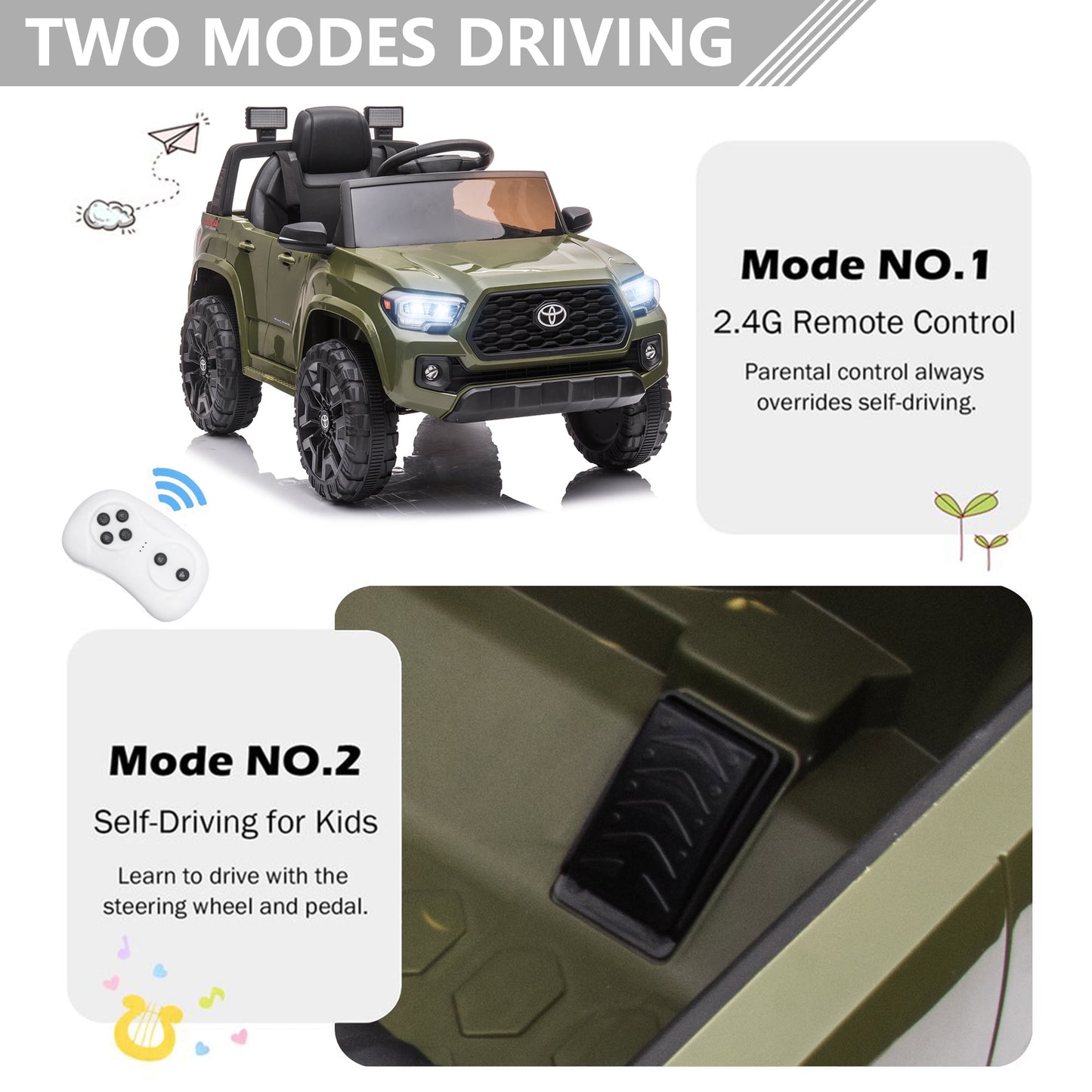 Licensed Toyota Tacoma Electric Ride on Vehicle for Kids, 12V Powered Ride on Car Toys with Remote Control, LED Lights, MP3 Player, Green