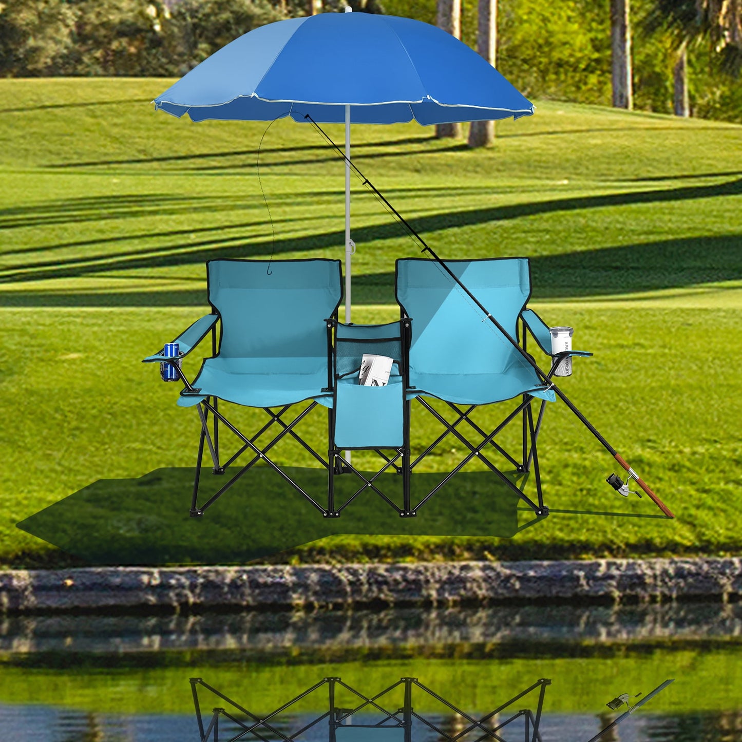 Costway Portable Folding Picnic Double Chair W/Umbrella Table Cooler Beach Camping Chair